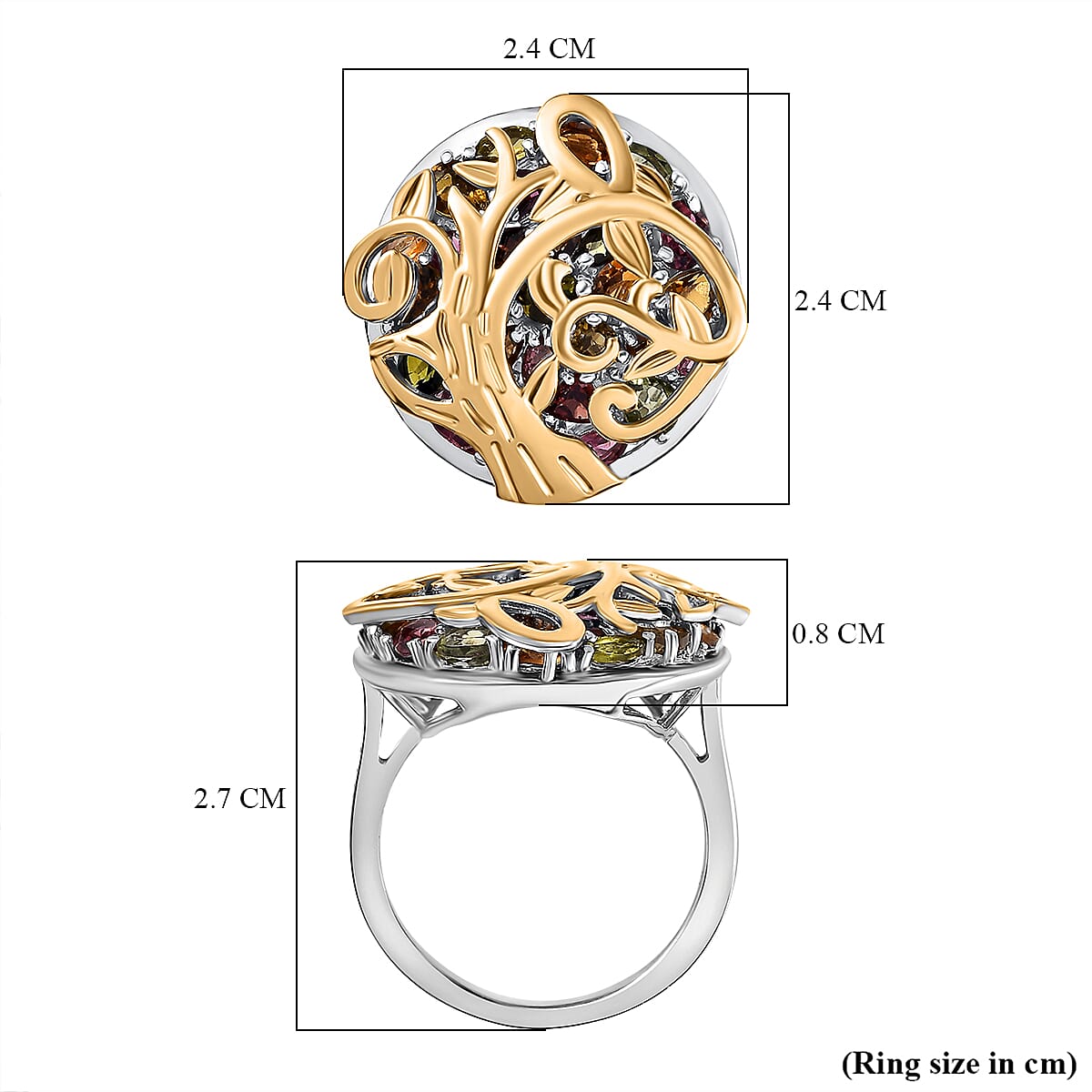 GP Collection: Multi-Tourmaline, Multi Gemstones Tree Ring in Sterling Silver with 18K Vermeil Yellow Gold 8083208 6