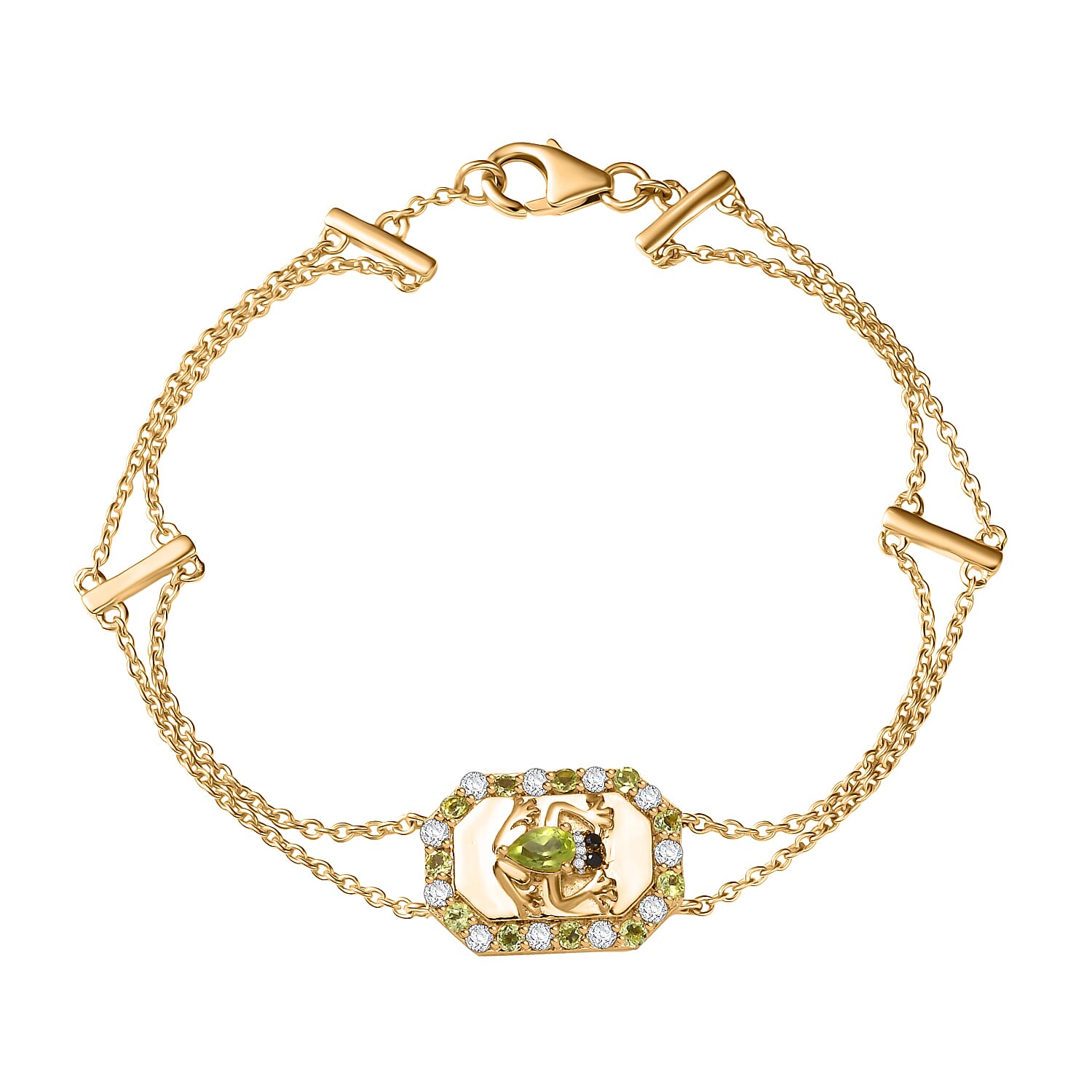 GP Italian Garden Collection - Peridot, Black Spinel and White Zircon Adjustable Chain Frog Motif Bracelet (Size 8) with Lobster Clasp in 18K Vermeil YG Plated Sterling Silver 1.09 Ct. 8162893 0