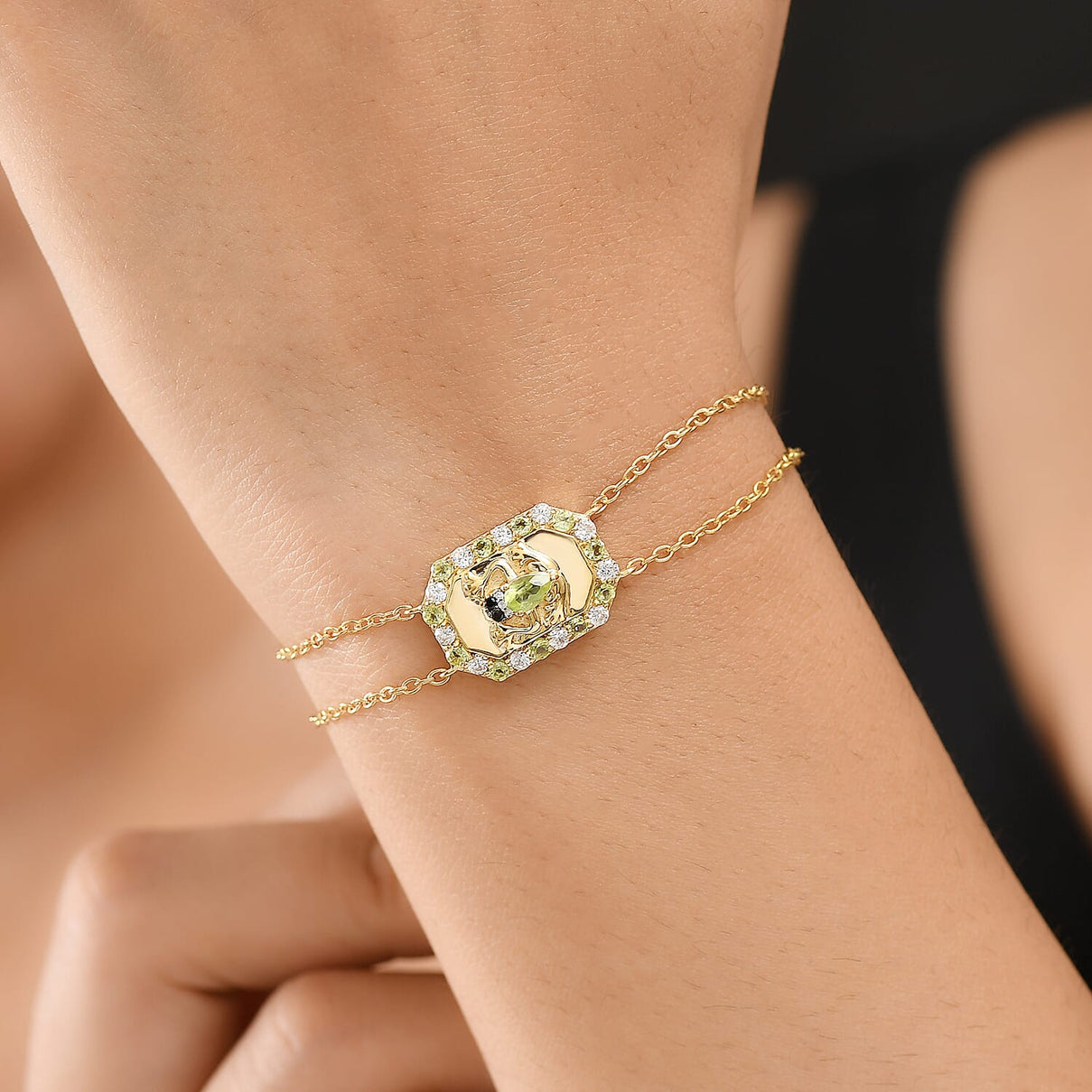GP Italian Garden Collection - Peridot, Black Spinel and White Zircon Adjustable Chain Frog Motif Bracelet (Size 8) with Lobster Clasp in 18K Vermeil YG Plated Sterling Silver 1.09 Ct. 8162893 3