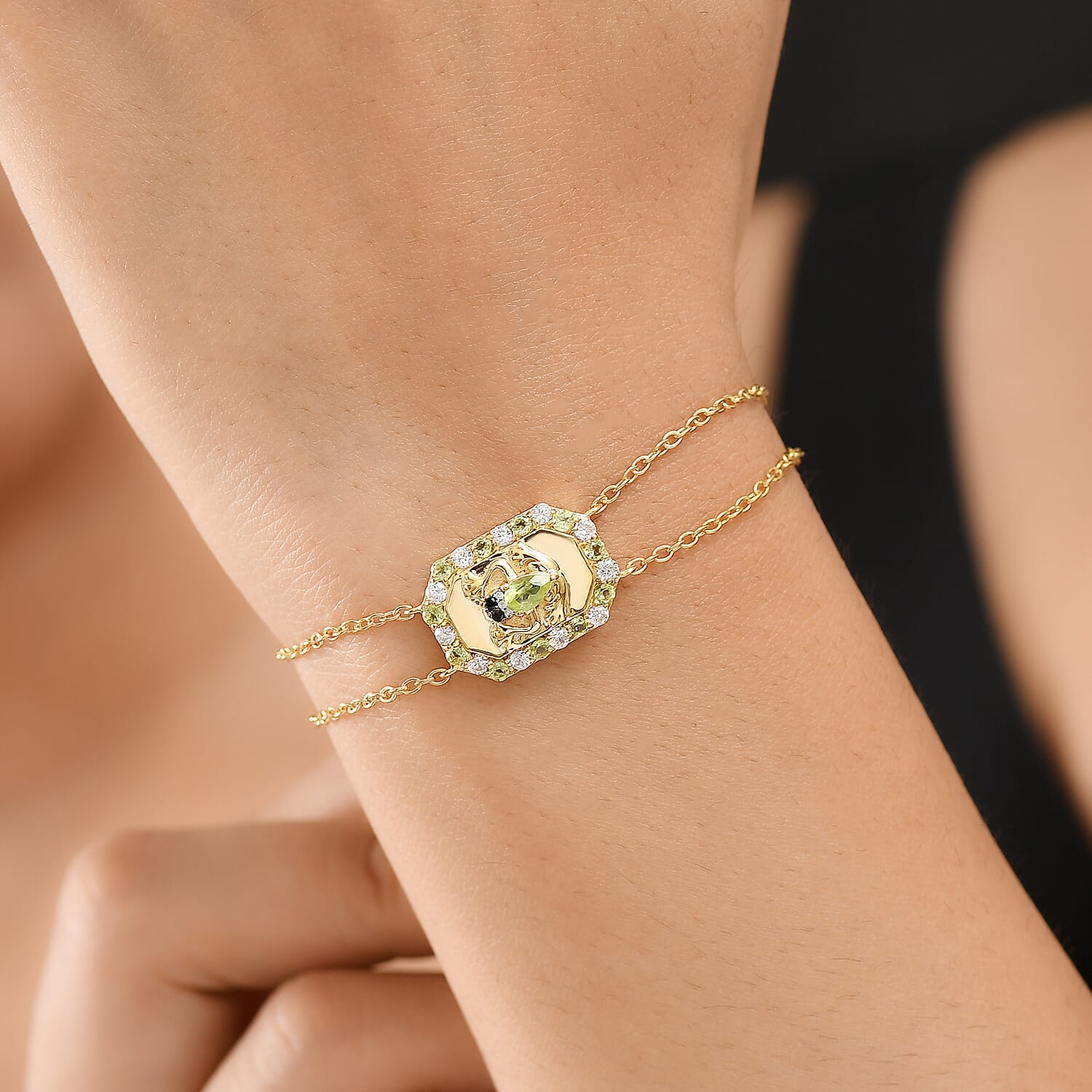 GP Italian Garden Collection - Peridot, Black Spinel and White Zircon Adjustable Chain Frog Motif Bracelet (Size 8) with Lobster Clasp in 18K Vermeil YG Plated Sterling Silver 1.09 Ct. 8162893 3