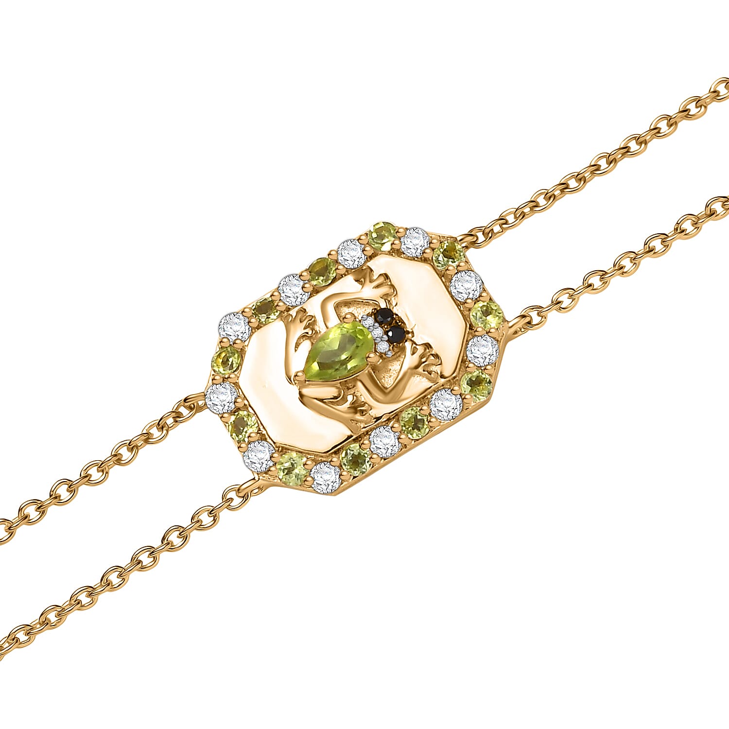 GP Italian Garden Collection - Peridot, Black Spinel and White Zircon Adjustable Chain Frog Motif Bracelet (Size 8) with Lobster Clasp in 18K Vermeil YG Plated Sterling Silver 1.09 Ct. 8162893 6