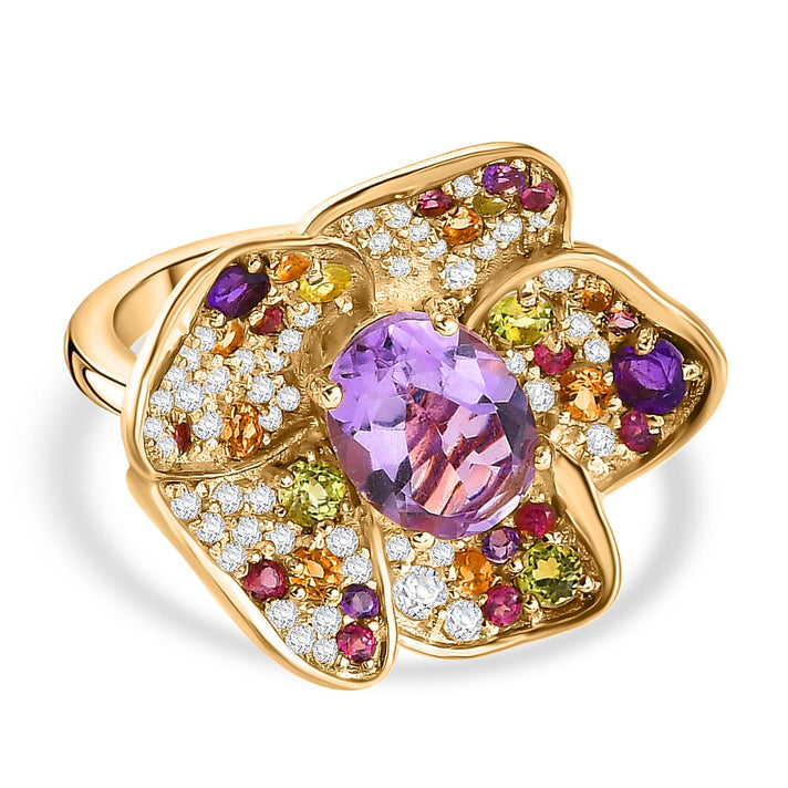 GP Italian Garden Collection - Pink Amethyst and Multi Gemstones Floral Ring in 18K Vermeil Yellow Gold Plated Sterling Silver 8056679 1