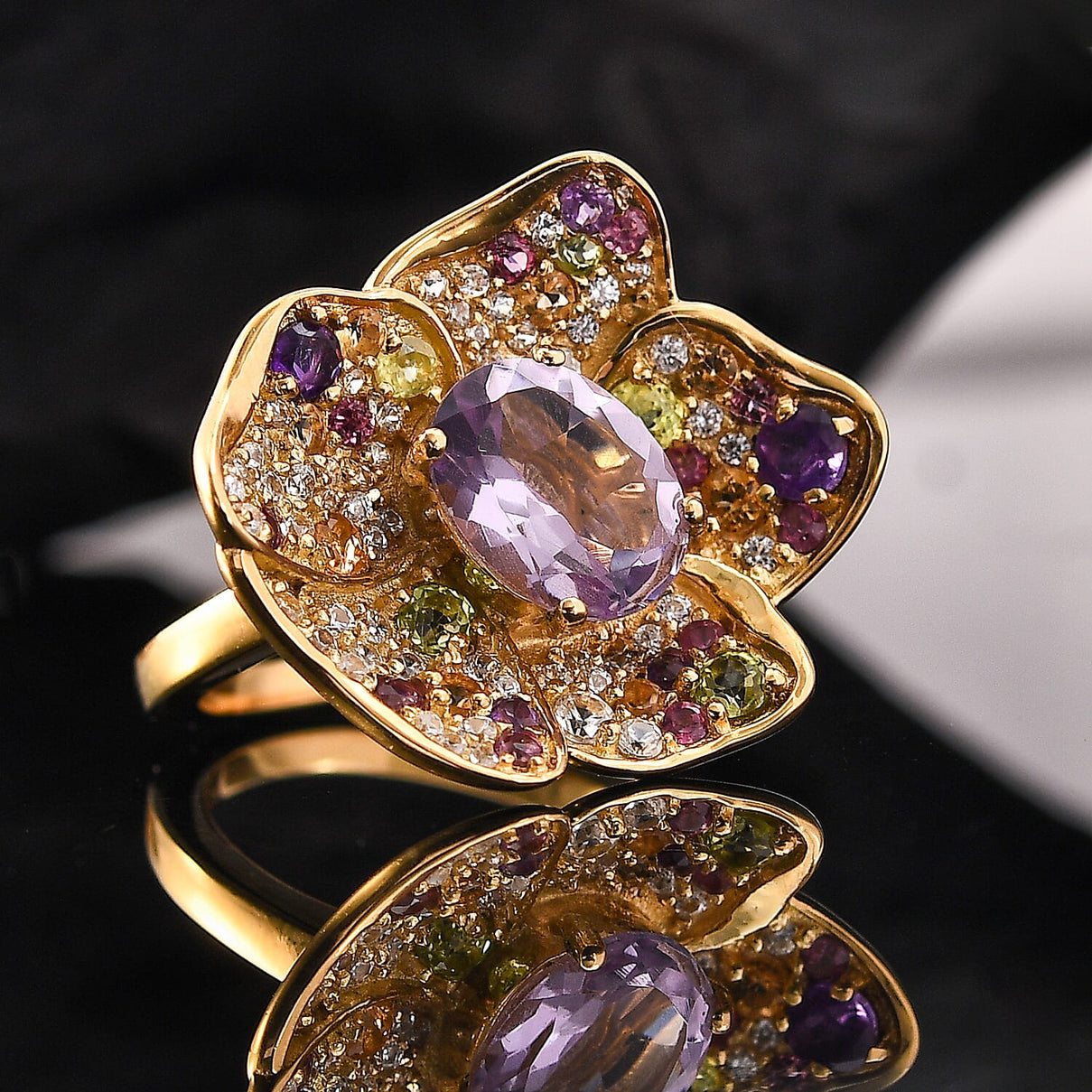 GP Italian Garden Collection - Pink Amethyst and Multi Gemstones Floral Ring in 18K Vermeil Yellow Gold Plated Sterling Silver 8056679 2