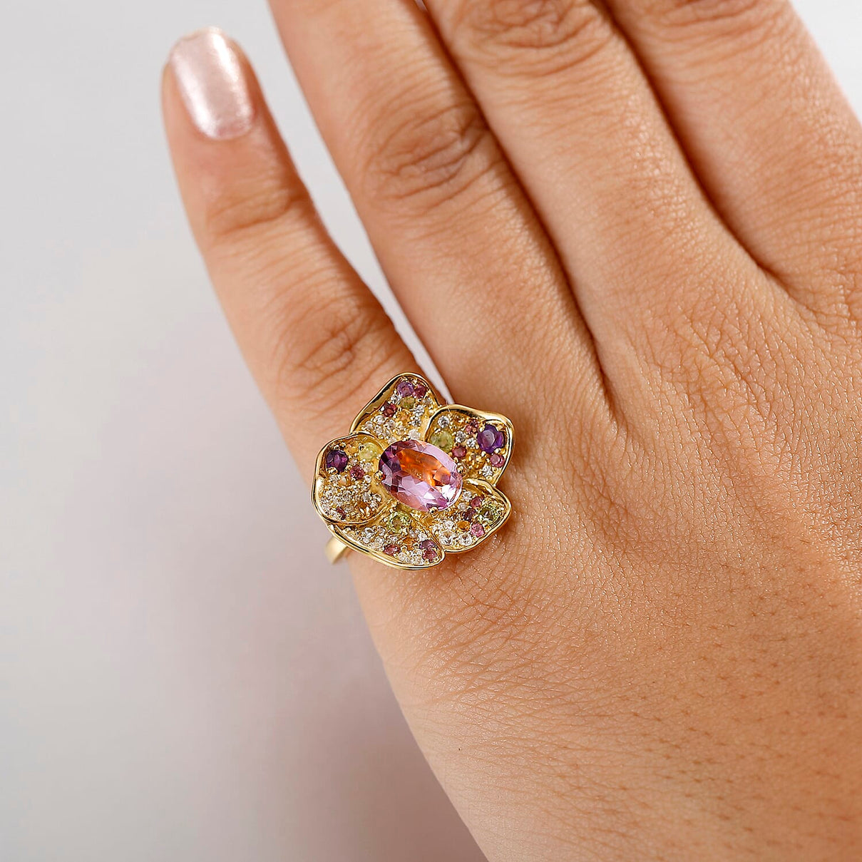 GP Italian Garden Collection - Pink Amethyst and Multi Gemstones Floral Ring in 18K Vermeil Yellow Gold Plated Sterling Silver 8056679 3