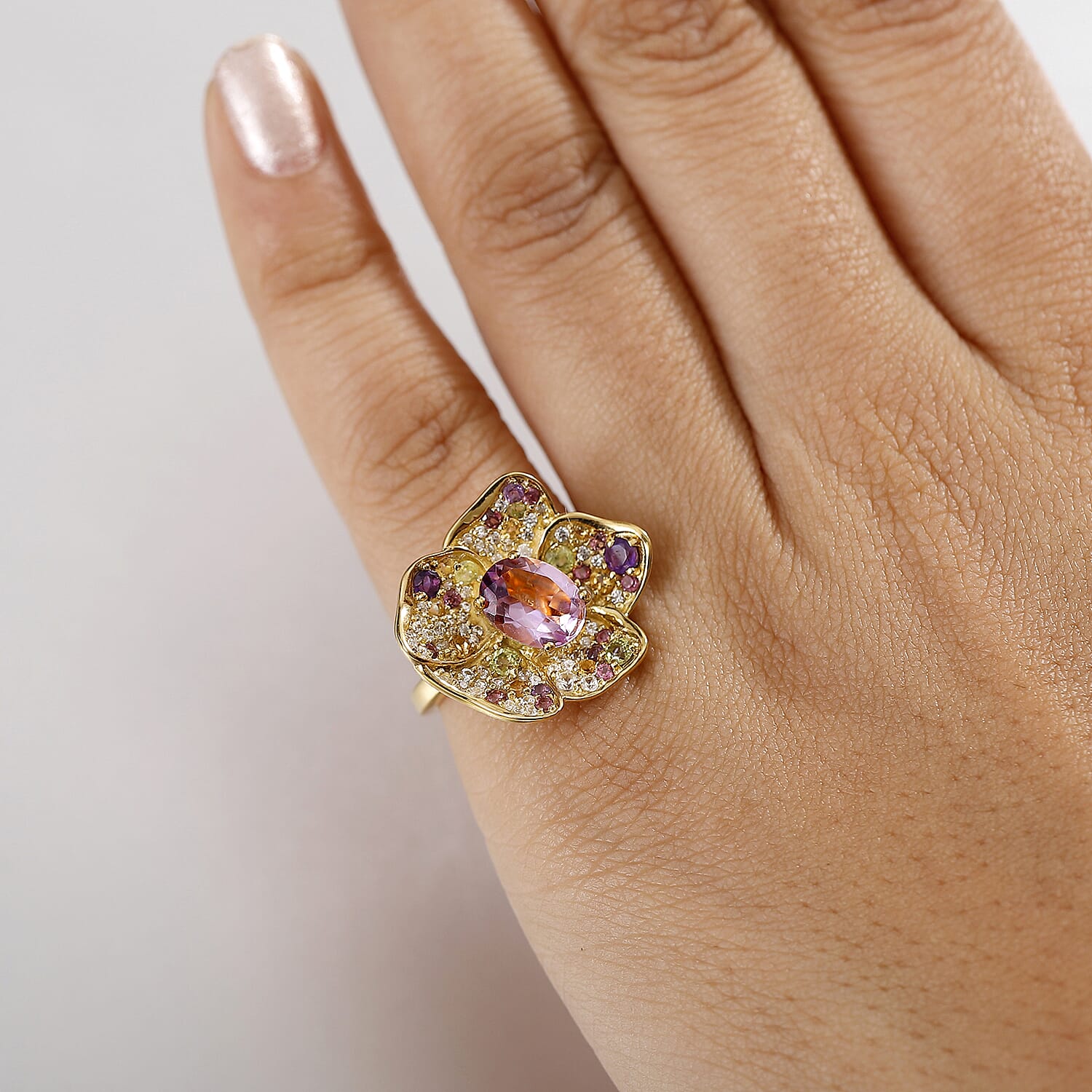 GP Italian Garden Collection - Pink Amethyst and Multi Gemstones Floral Ring in 18K Vermeil Yellow Gold Plated Sterling Silver 8056679 3