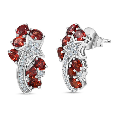 GP Celestial Dream Collection - Red Garnet, White Zircon Shooting Star Push Post Earring in Rhodium Overlay Sterling Silver 3.48 Ct. 8184180 1