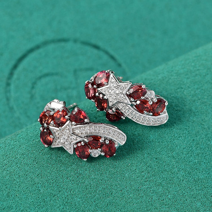 GP Celestial Dream Collection - Red Garnet, White Zircon Shooting Star Push Post Earring in Rhodium Overlay Sterling Silver 3.48 Ct. 8184180 2