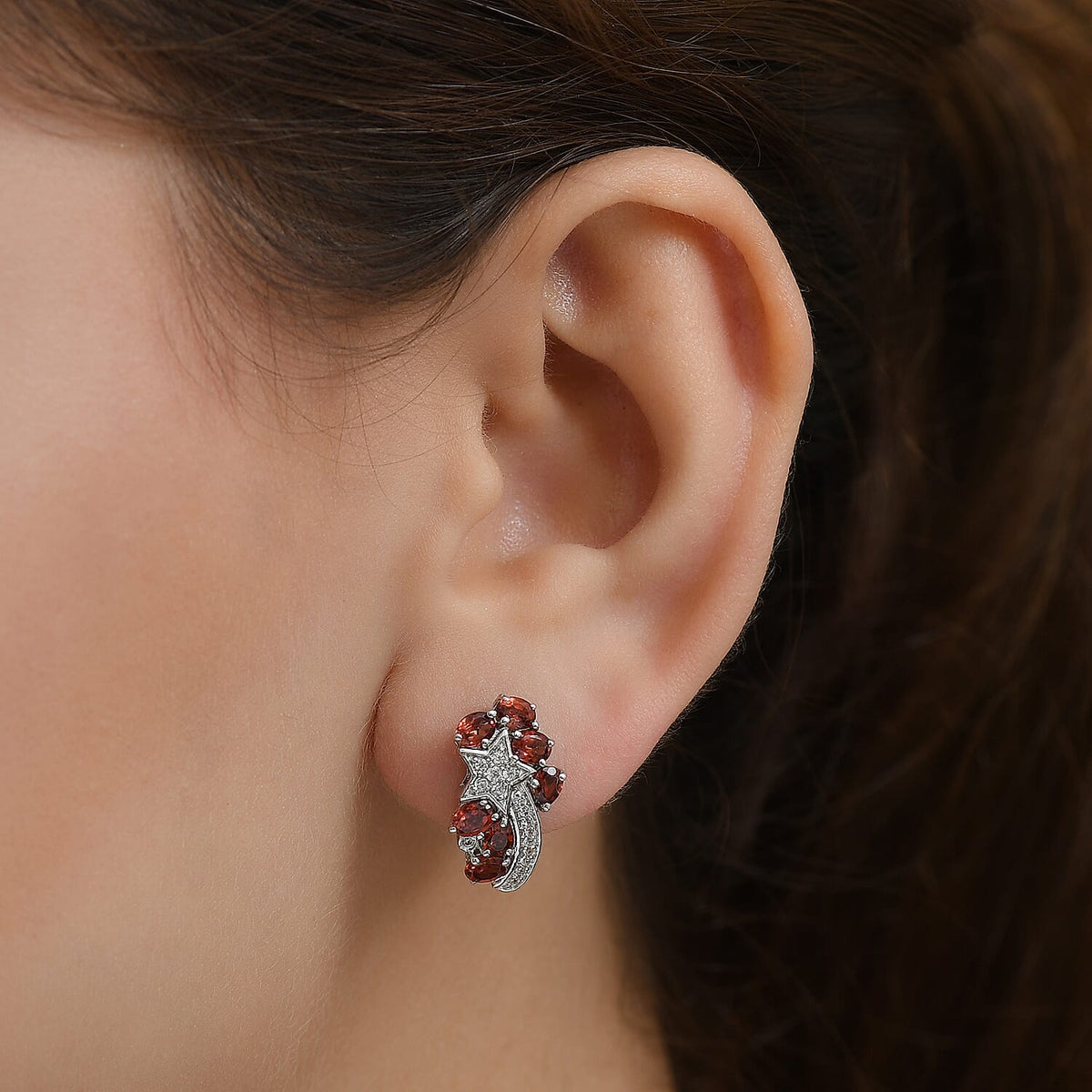 GP Celestial Dream Collection - Red Garnet, White Zircon Shooting Star Push Post Earring in Rhodium Overlay Sterling Silver 3.48 Ct. 8184180 3