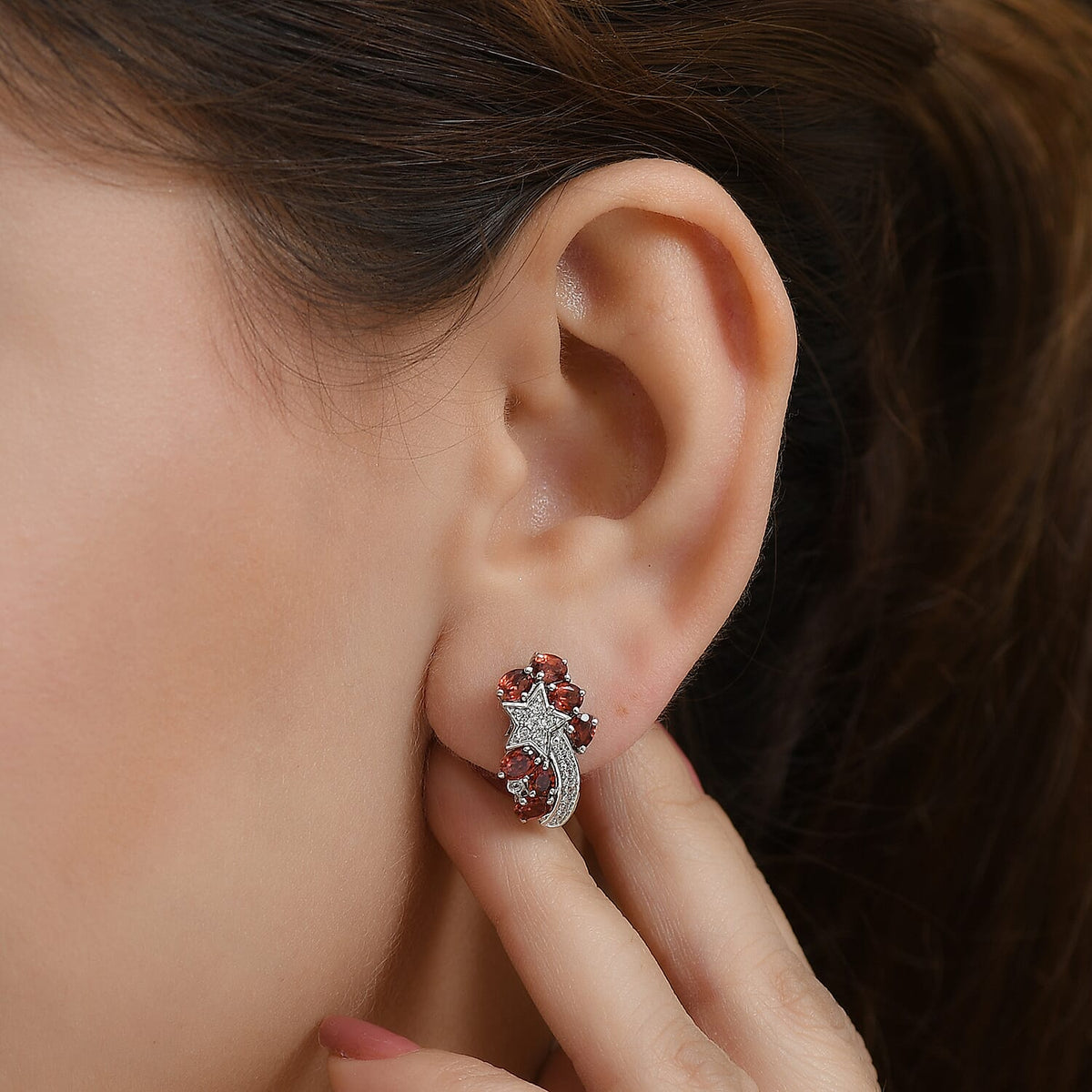 GP Celestial Dream Collection - Red Garnet, White Zircon Shooting Star Push Post Earring in Rhodium Overlay Sterling Silver 3.48 Ct. 8184180 4