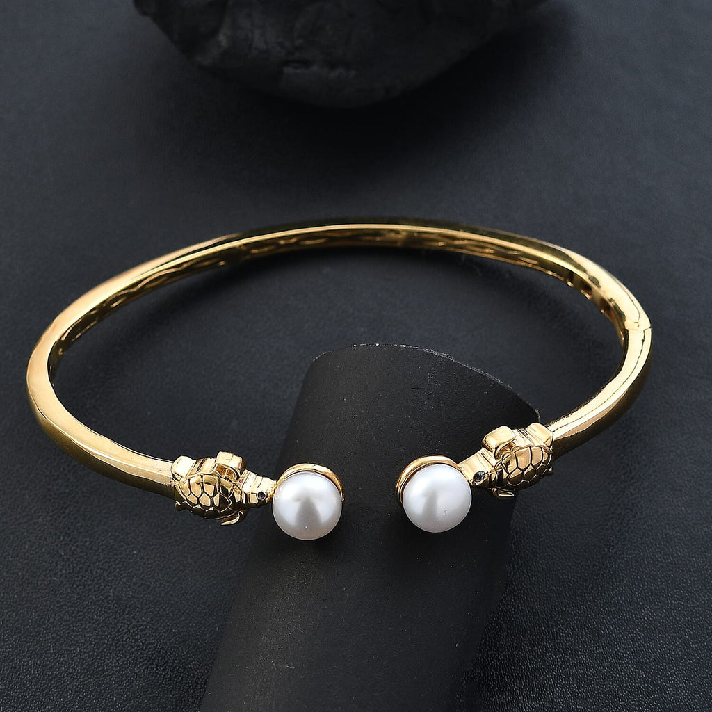 GP Sea Life Collection - White Pearl & Blue Sapphire Bangle (Size 7.5) in 18K Vermeil Yellow Gold Plated Sterling Silver 6.02 Ct, Silver Wt. 15.68 Gms.