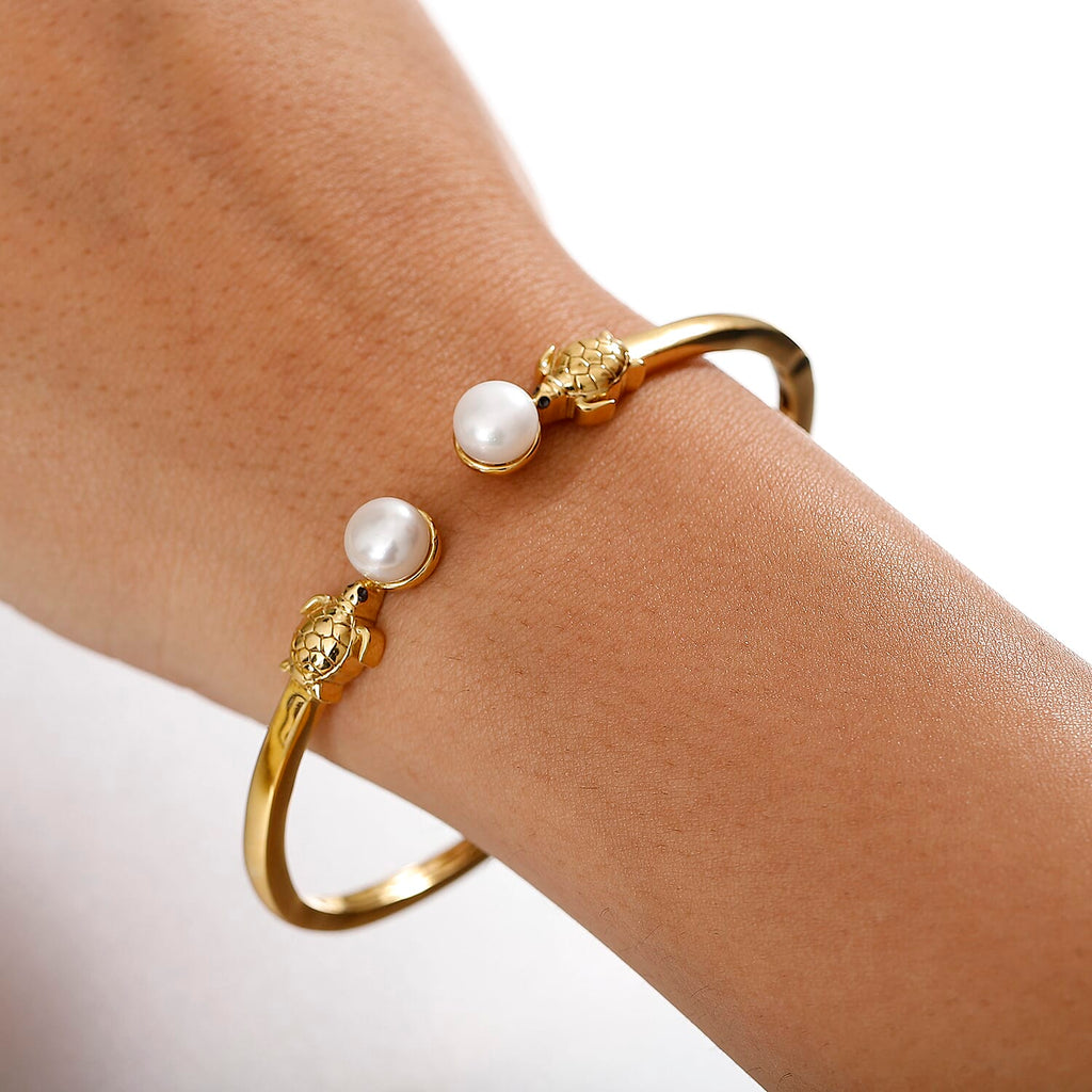 GP Sea Life Collection - White Pearl & Blue Sapphire Bangle (Size 7.5) in 18K Vermeil Yellow Gold Plated Sterling Silver 6.02 Ct, Silver Wt. 15.68 Gms.