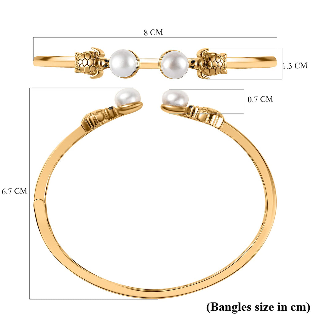 GP Sea Life Collection - White Pearl & Blue Sapphire Bangle (Size 7.5) in 18K Vermeil Yellow Gold Plated Sterling Silver 6.02 Ct, Silver Wt. 15.68 Gms.