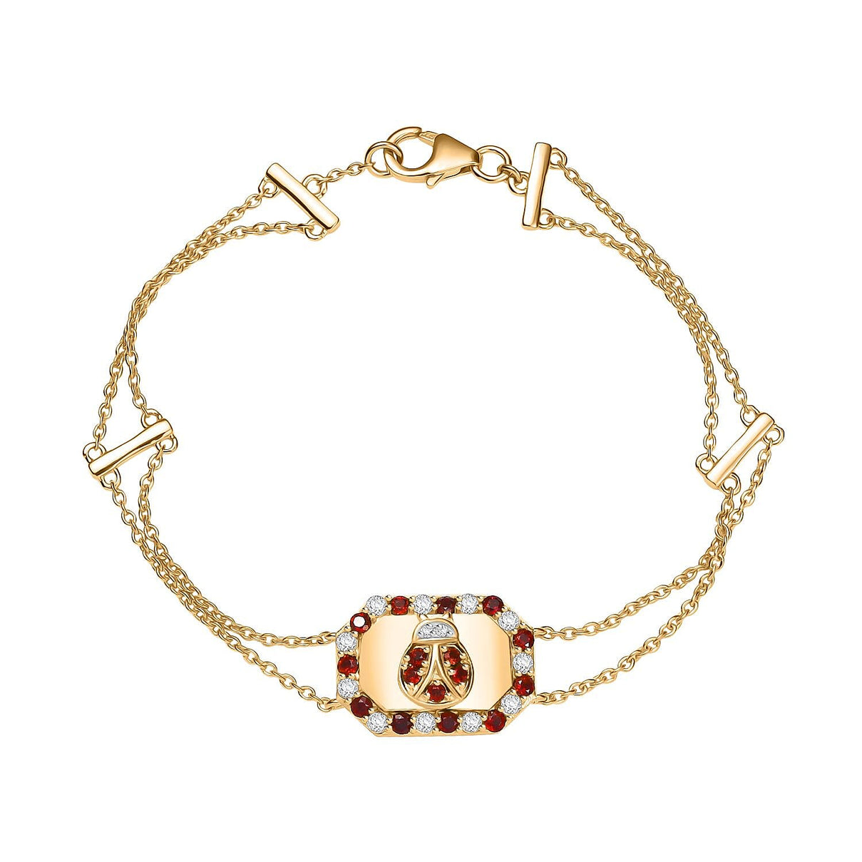 GP Italian Garden Collection - Red Garnet, White Zircon Adjustable Chain Ladybug Motif Bracelet (Size - 8) with Lobster Clasp in 18K Vermeil Yellow Gold Plated Sterling Silver 1.22 Ct. 8164724 0