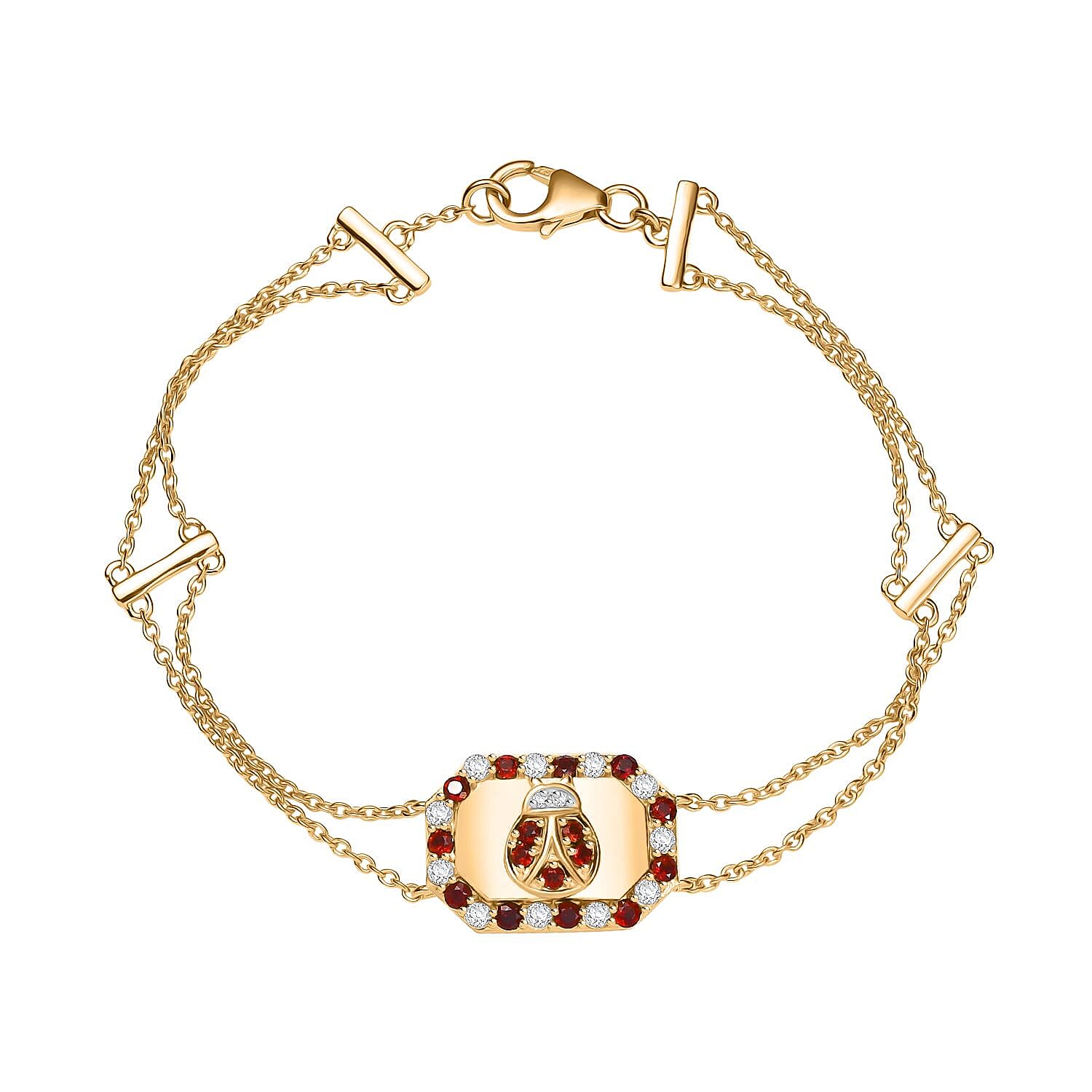 GP Italian Garden Collection - Red Garnet, White Zircon Adjustable Chain Ladybug Motif Bracelet (Size - 8) with Lobster Clasp in 18K Vermeil Yellow Gold Plated Sterling Silver 1.22 Ct. 8164724 0