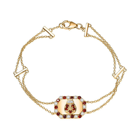 GP Italian Garden Collection - Red Garnet, White Zircon Adjustable Chain Ladybug Motif Bracelet (Size - 8) with Lobster Clasp in 18K Vermeil Yellow Gold Plated Sterling Silver 1.22 Ct. 8164724 1