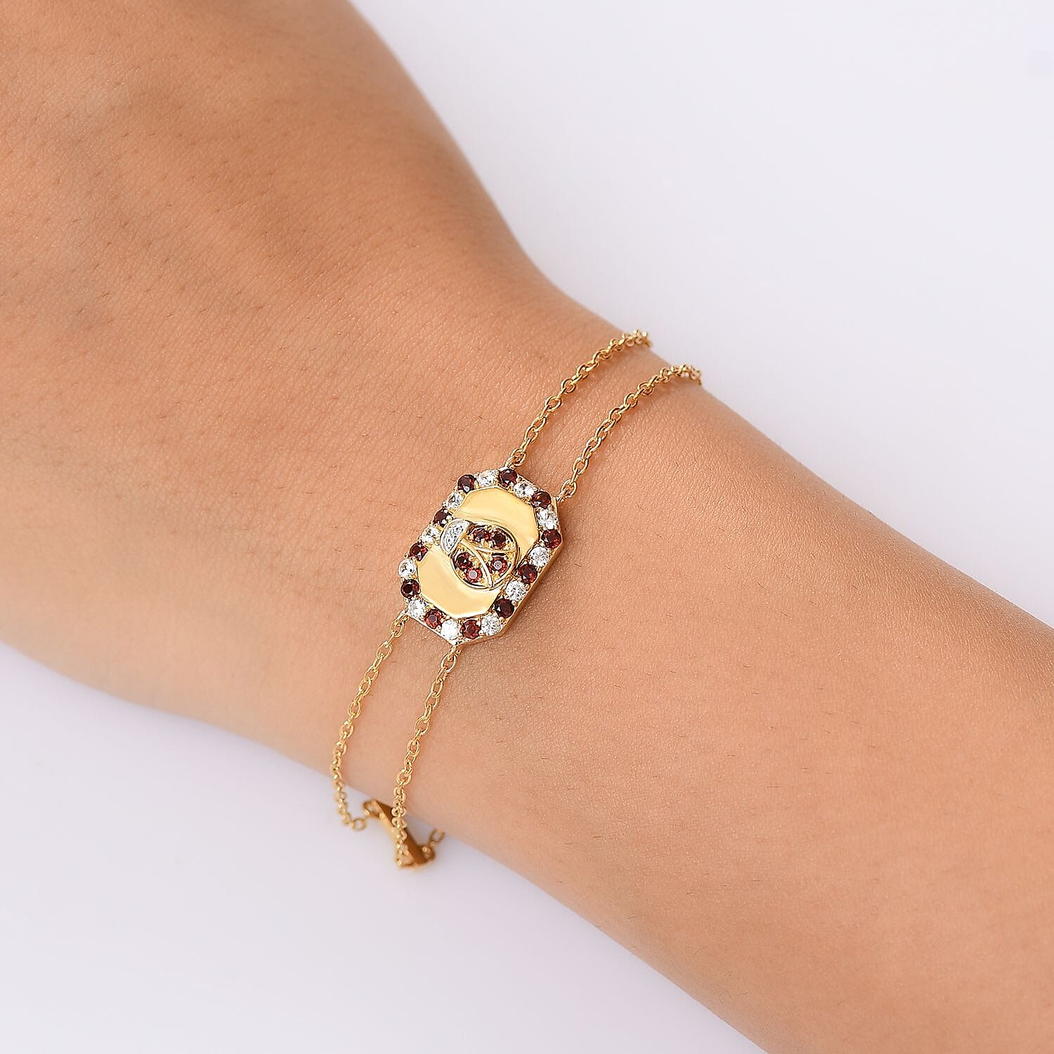 GP Italian Garden Collection - Red Garnet, White Zircon Adjustable Chain Ladybug Motif Bracelet (Size - 8) with Lobster Clasp in 18K Vermeil Yellow Gold Plated Sterling Silver 1.22 Ct. 8164724 3
