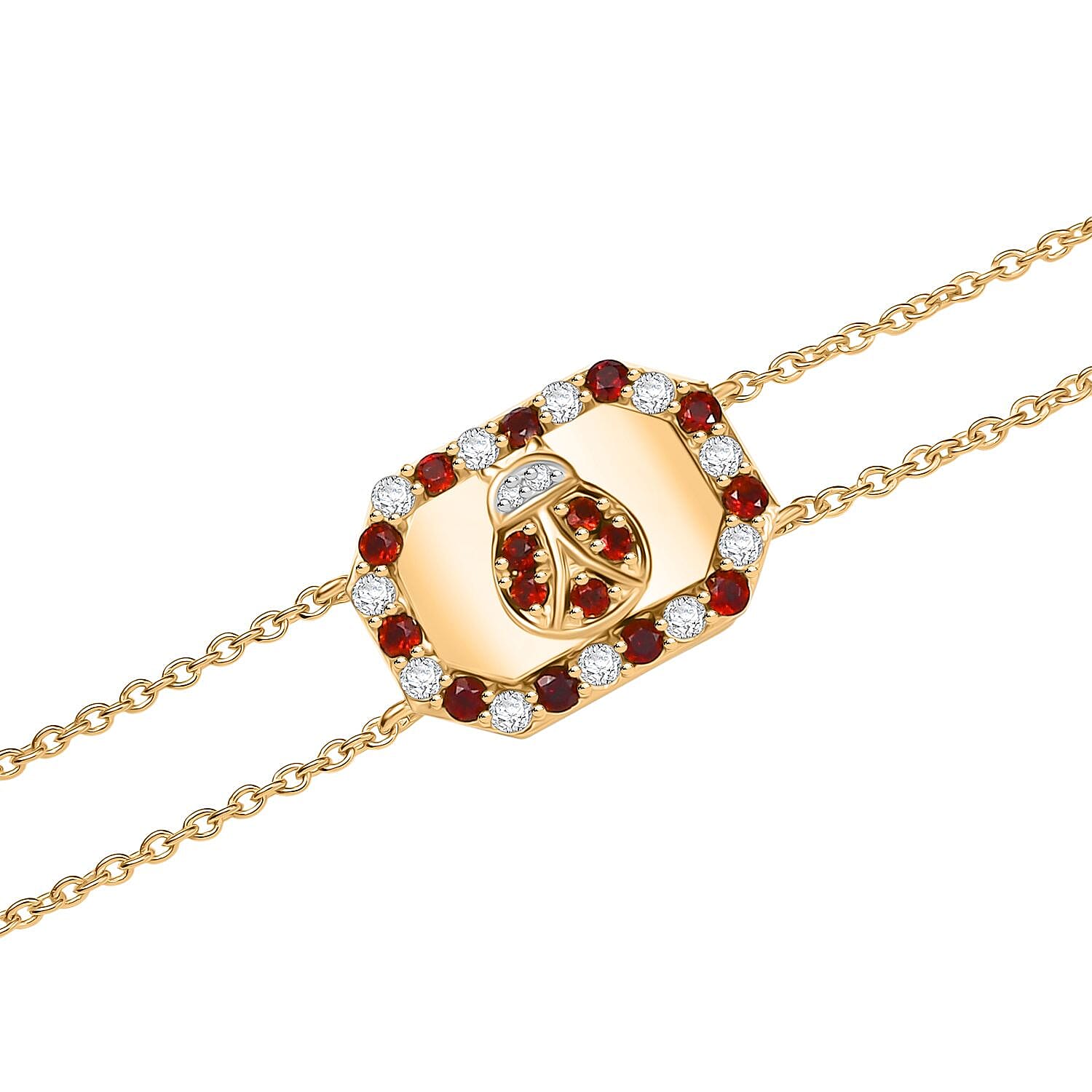 GP Italian Garden Collection - Red Garnet, White Zircon Adjustable Chain Ladybug Motif Bracelet (Size - 8) with Lobster Clasp in 18K Vermeil Yellow Gold Plated Sterling Silver 1.22 Ct. 8164724 5