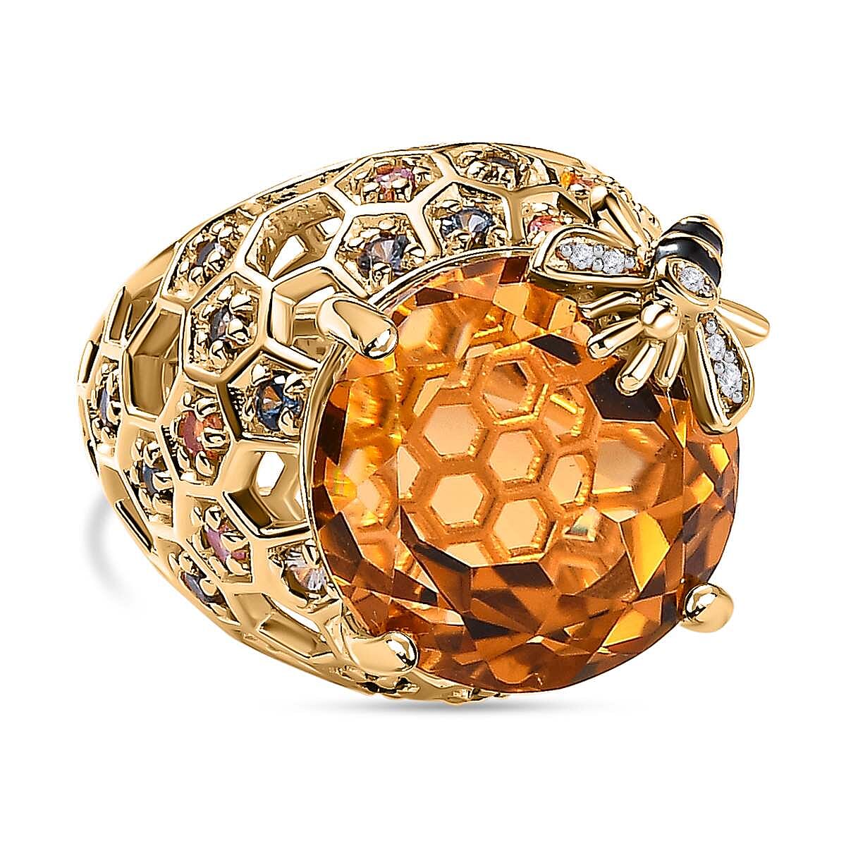 GP HoneyComb Collection - Citrine, Multi Sapphire &amp; Natural Zircon Enamelled Ring in 18K Vermeil Yellow Gold Plated Sterling Silver 15.16 Ct, Silver Wt. 8.20 GM 7612590 0