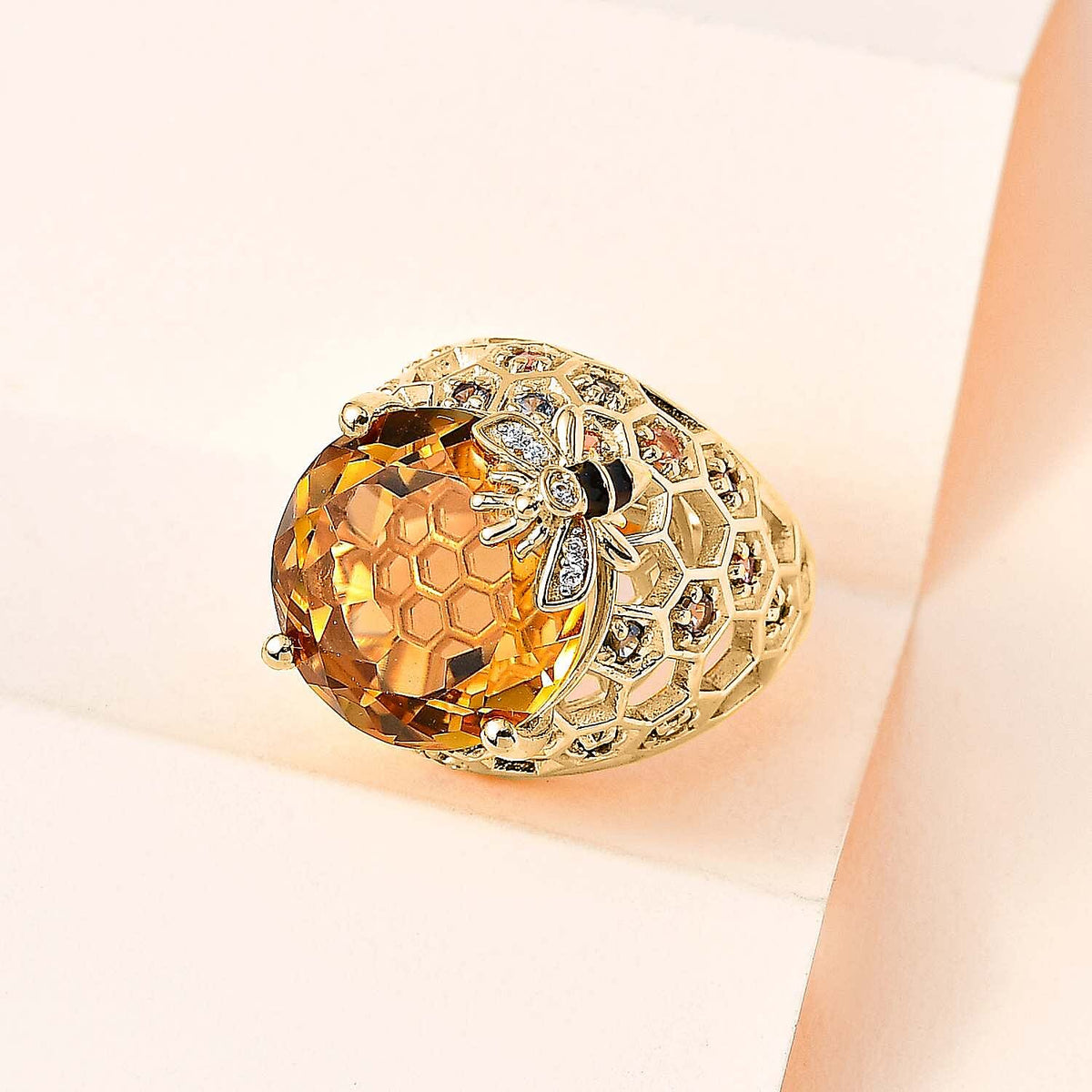 GP HoneyComb Collection - Citrine, Multi Sapphire &amp; Natural Zircon Enamelled Ring in 18K Vermeil Yellow Gold Plated Sterling Silver 15.16 Ct, Silver Wt. 8.20 GM 7612590 1