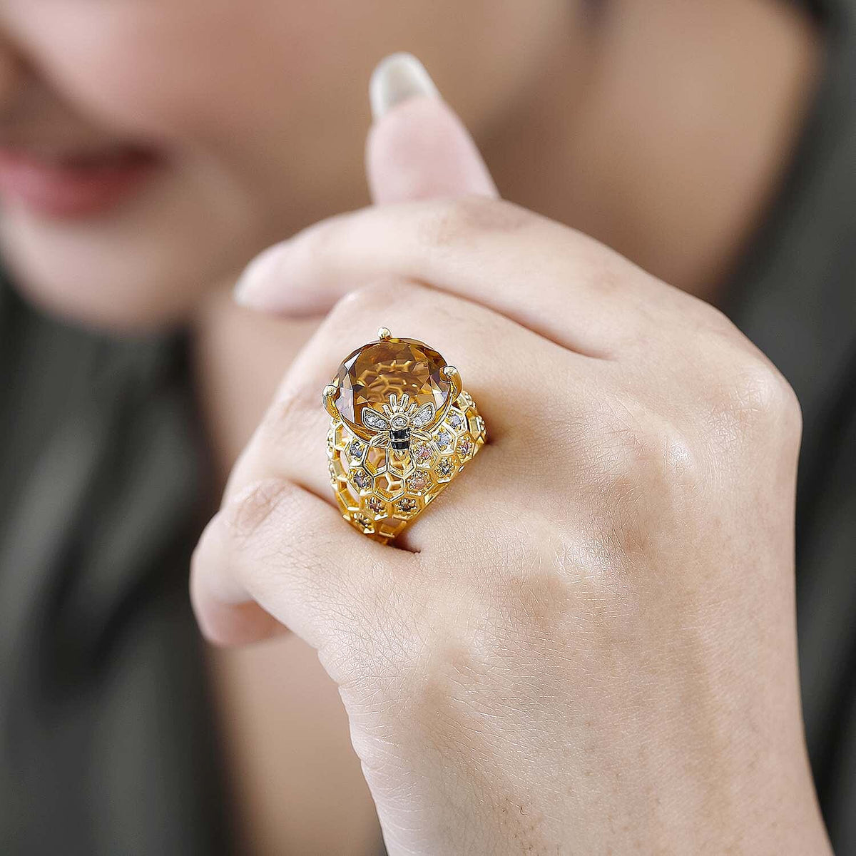 GP HoneyComb Collection - Citrine, Multi Sapphire &amp; Natural Zircon Enamelled Ring in 18K Vermeil Yellow Gold Plated Sterling Silver 15.16 Ct, Silver Wt. 8.20 GM 7612590 2