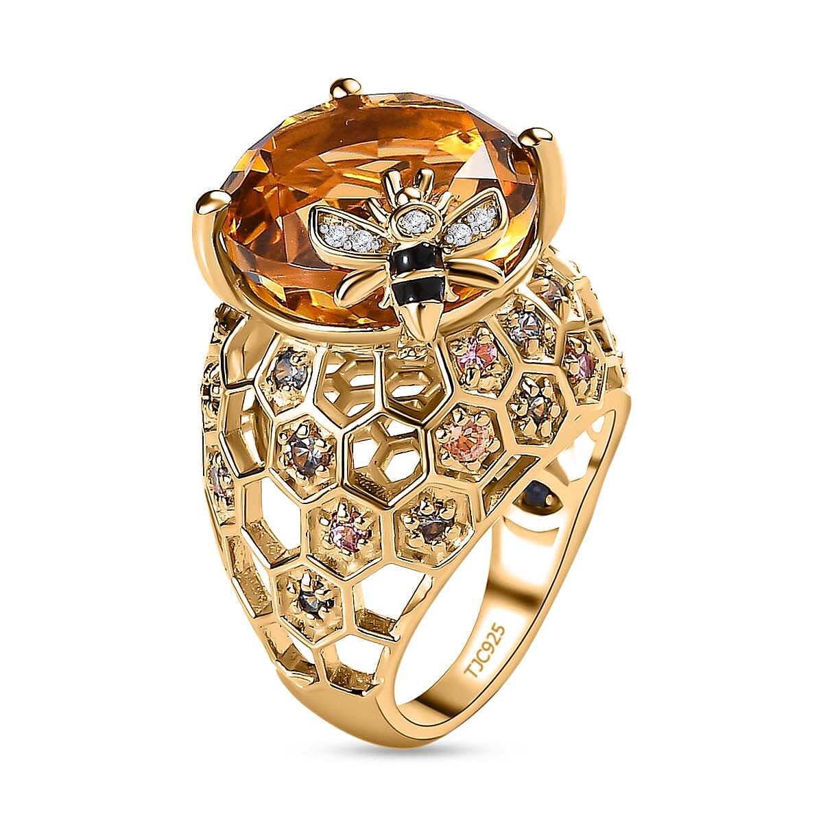 GP HoneyComb Collection - Citrine, Multi Sapphire &amp; Natural Zircon Enamelled Ring in 18K Vermeil Yellow Gold Plated Sterling Silver 15.16 Ct, Silver Wt. 8.20 GM 7612590 3