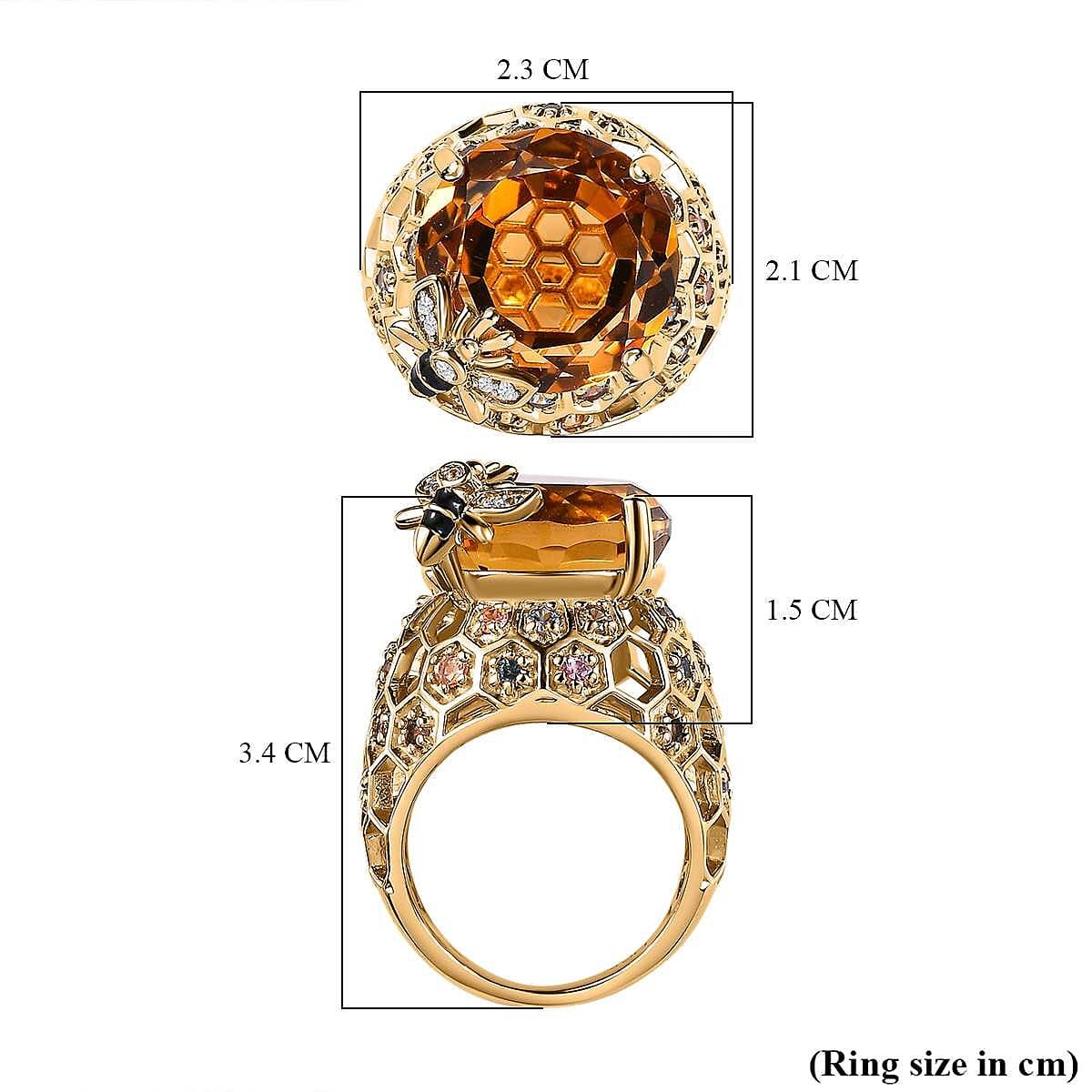 GP HoneyComb Collection - Citrine, Multi Sapphire &amp; Natural Zircon Enamelled Ring in 18K Vermeil Yellow Gold Plated Sterling Silver 15.16 Ct, Silver Wt. 8.20 GM 7612590 5