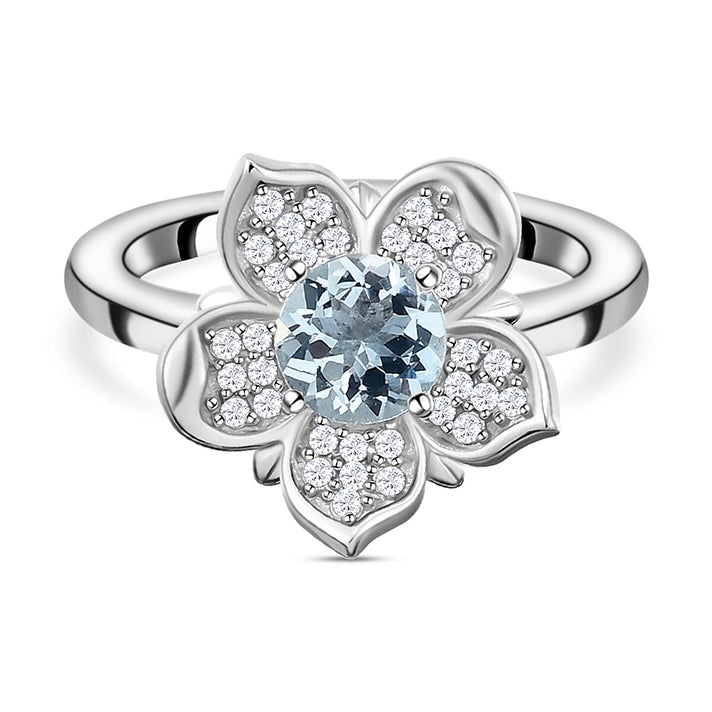 GP Italian Garden Collection - Aquamarine and Natural Zircon Floral Ring in Platinum Overlay Sterling Silver 1.03 Ct. 8934633 1