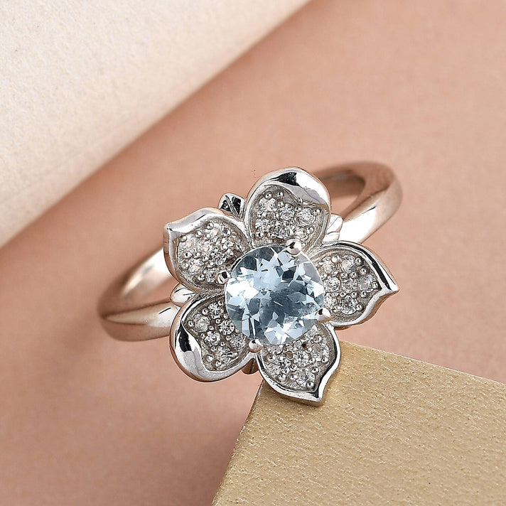 GP Italian Garden Collection - Aquamarine and Natural Zircon Floral Ring in Platinum Overlay Sterling Silver 1.03 Ct. 8934633 2