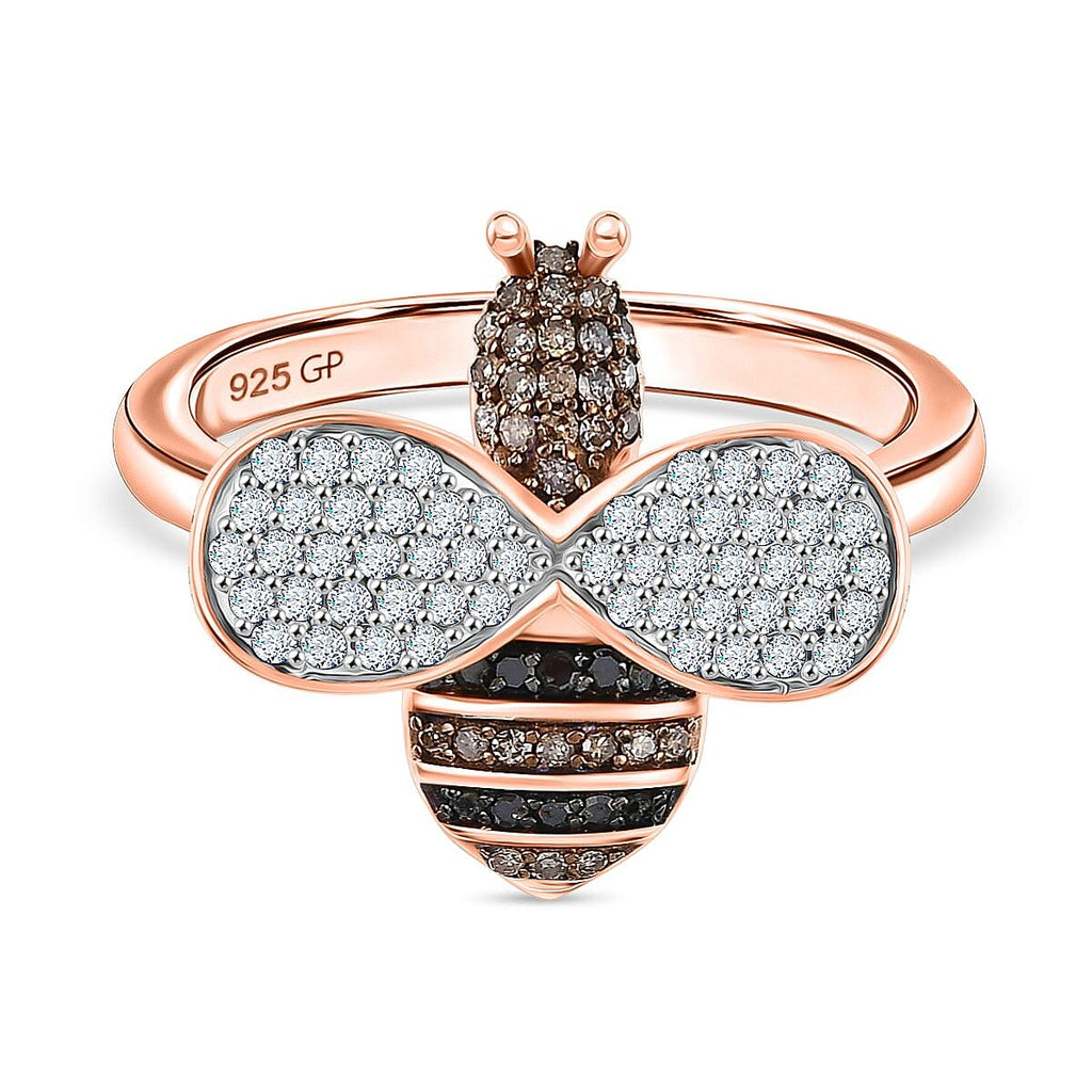 GP Italian Garden Collection - Black Diamond, Kanchanaburi Blue Sapphire, Champagne Diamond & White Diamond Ring in 18K Vermeil Rose Gold Plated Sterling Silver 0.50 Ct.
