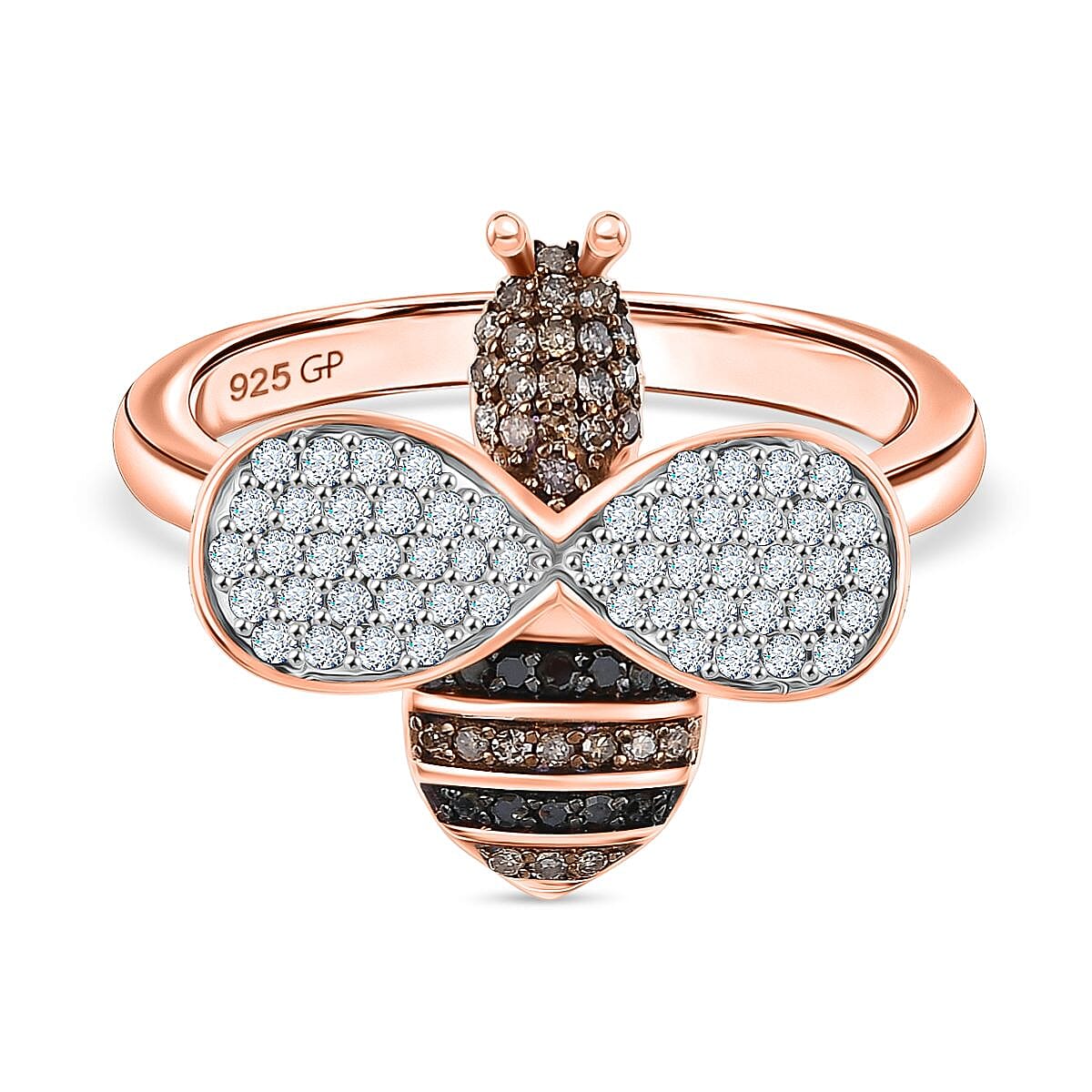 GP Italian Garden Collection - Black Diamond, Kanchanaburi Blue Sapphire, Champagne Diamond &amp; White Diamond Ring in 18K Vermeil Rose Gold Plated Sterling Silver 0.50 Ct. 8206775 0