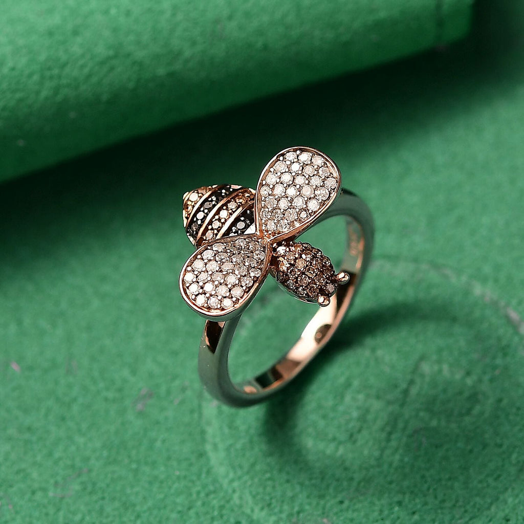 GP Italian Garden Collection - Black Diamond, Kanchanaburi Blue Sapphire, Champagne Diamond & White Diamond Ring in 18K Vermeil Rose Gold Plated Sterling Silver 0.50 Ct.