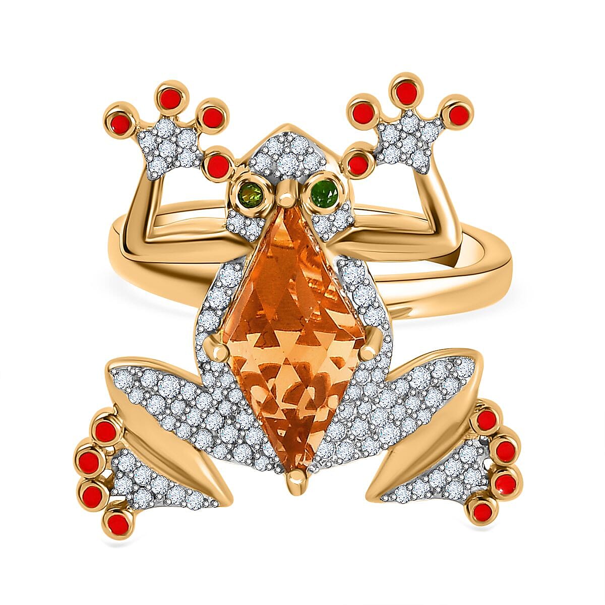 GP Italian Garden Collection - Citrine, Natural Chrome Diopside &amp; Natural Zircon Frog Ring in 18K Vermeil Yellow Gold Plated Sterling Silver 7699694 0
