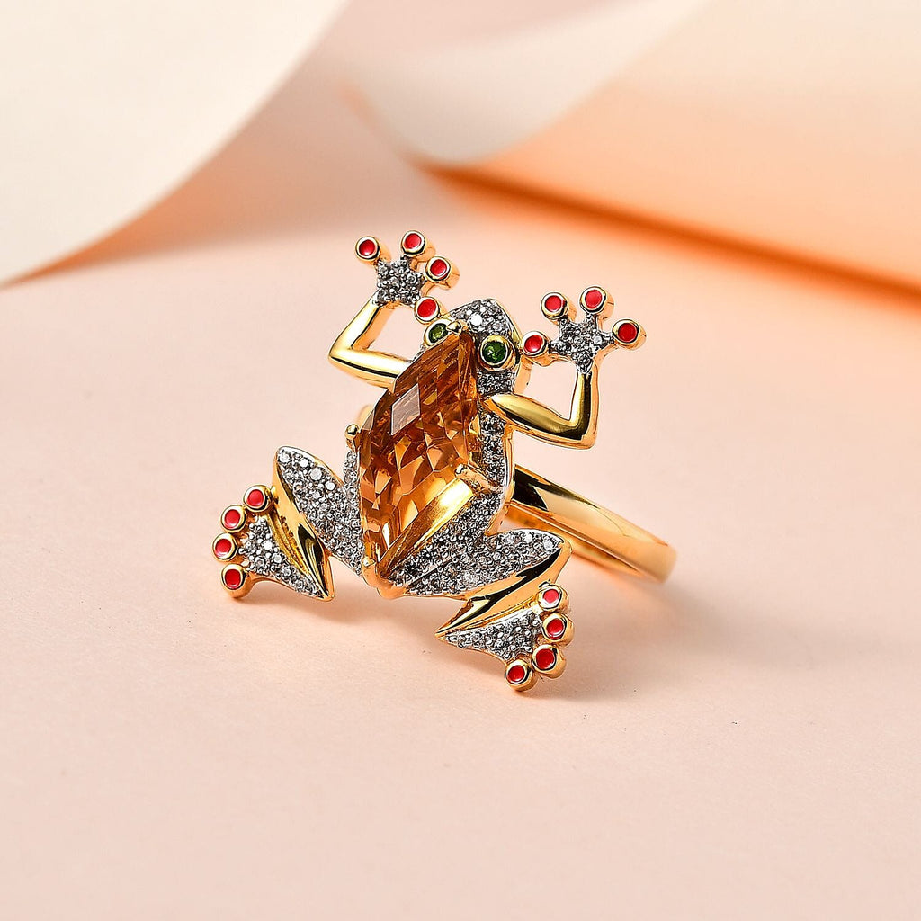GP Italian Garden Collection - Citrine, Natural Chrome Diopside & Natural Zircon Frog Ring in 18K Vermeil YG Plated Sterling Silver 5.60 Ct, Silver Wt. 8.40 Gms