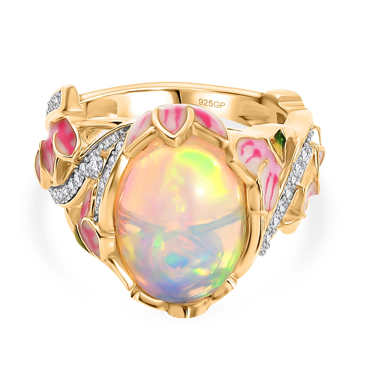 GP - Italian Garden Collection - Ethiopian Opal, Blue Sapphire &amp; White Zircon Living Creature Ring in 18K Vermeil Yellow Gold Plated Sterling Silver 4.28 Ct, Silver Wt. 5.99 Gms. 8343009 0