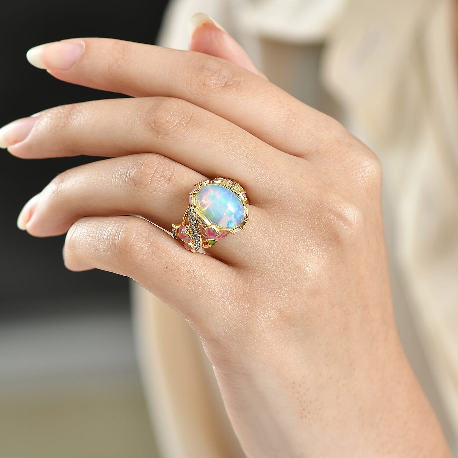 GP - Italian Garden Collection - Ethiopian Opal, Blue Sapphire &amp; White Zircon Living Creature Ring in 18K Vermeil Yellow Gold Plated Sterling Silver 4.28 Ct, Silver Wt. 5.99 Gms. 8343009 4