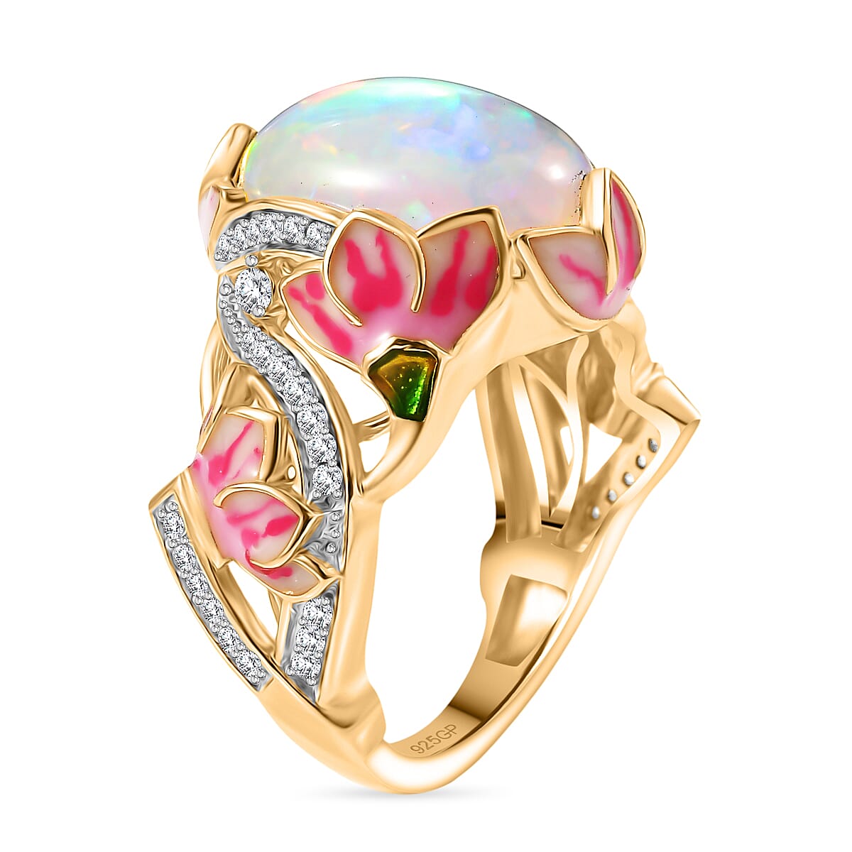 GP - Italian Garden Collection - Ethiopian Opal, Blue Sapphire &amp; White Zircon Living Creature Ring in 18K Vermeil Yellow Gold Plated Sterling Silver 4.28 Ct, Silver Wt. 5.99 Gms. 8343009 5