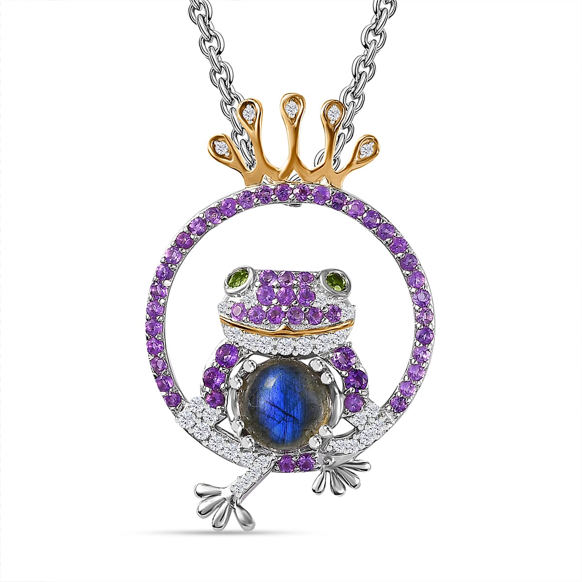 GP Italian Garden Collection - Labradorite, Amethyst, Natural Chrome Diopside and Zircon Frog King Pendant with Chain (Size 20) in Platinum and 18K Vermeil Yellow Gold Plated Sterling Silver 4265424 0