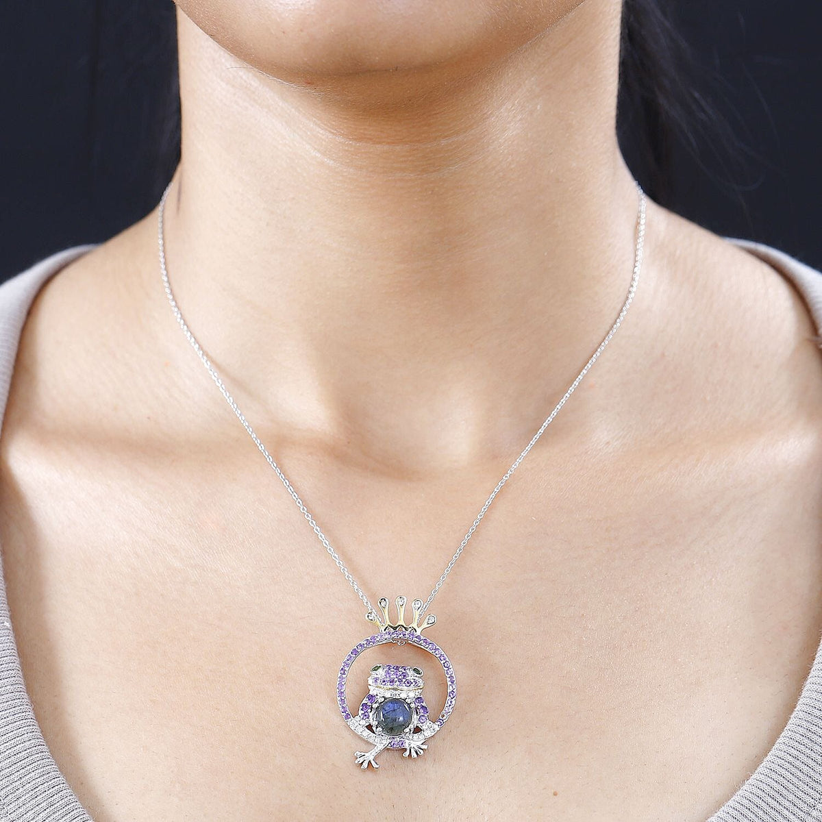 GP Italian Garden Collection - Labradorite, Amethyst, Natural Chrome Diopside and Zircon Frog King Pendant with Chain (Size 20) in Platinum and 18K Vermeil Yellow Gold Plated Sterling Silver 4265424 2