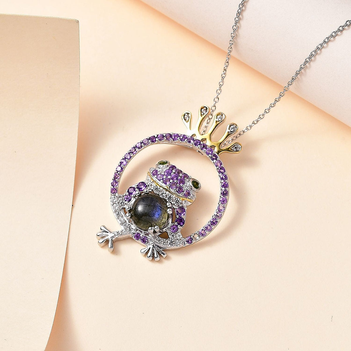 GP Italian Garden Collection - Labradorite, Amethyst, Natural Chrome Diopside and Zircon Frog King Pendant with Chain (Size 20) in Platinum and 18K Vermeil Yellow Gold Plated Sterling Silver 4265424 3