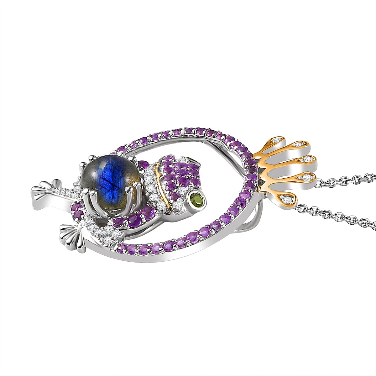 GP Italian Garden Collection - Labradorite, Amethyst, Natural Chrome Diopside and Zircon Frog King Pendant with Chain (Size 20) in Platinum and 18K Vermeil Yellow Gold Plated Sterling Silver 4265424 4