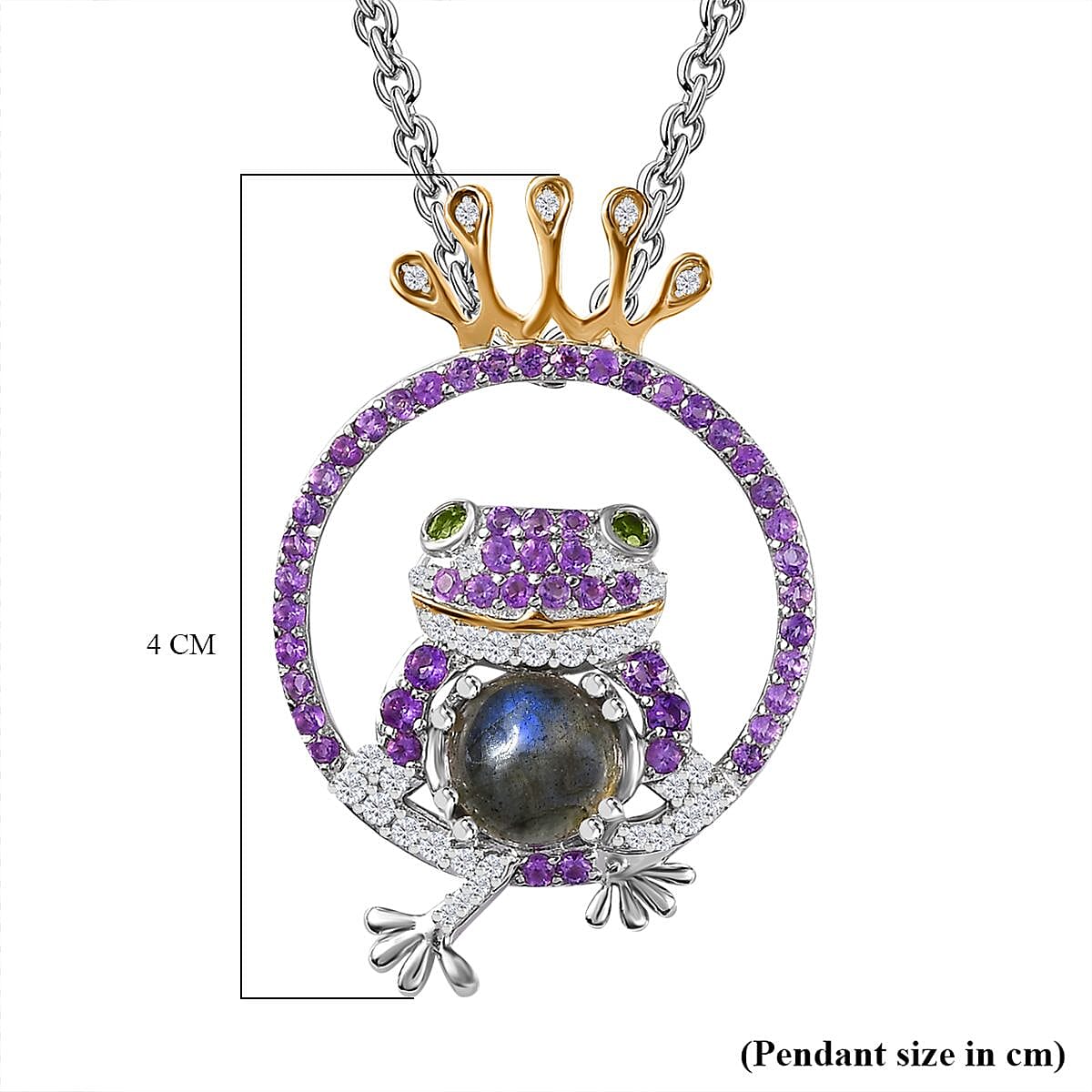 GP Italian Garden Collection - Labradorite, Amethyst, Natural Chrome Diopside and Zircon Frog King Pendant with Chain (Size 20) in Platinum and 18K Vermeil Yellow Gold Plated Sterling Silver 4265424 6