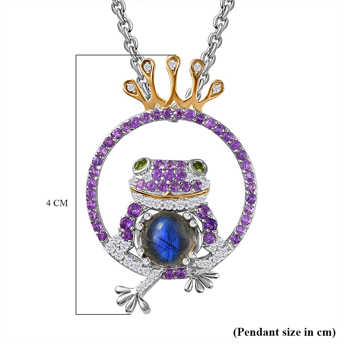 GP Italian Garden Collection - Labradorite, Amethyst, Natural Chrome Diopside and Zircon Frog King Pendant with Chain (Size 20) in Platinum and 18K Vermeil Yellow Gold Plated Sterling Silver 4265424 7