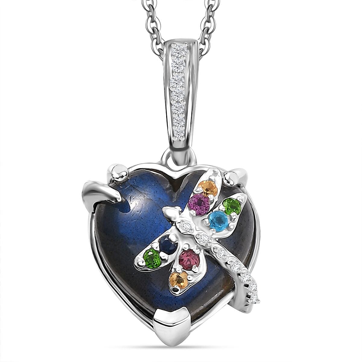 GP Italian Garden Collection - Labradorite &amp; Multi Gemstones Pendant with Chain (Size 20) in Rhodium Overlay Sterling Silver 9.33 Ct. 4329564 0
