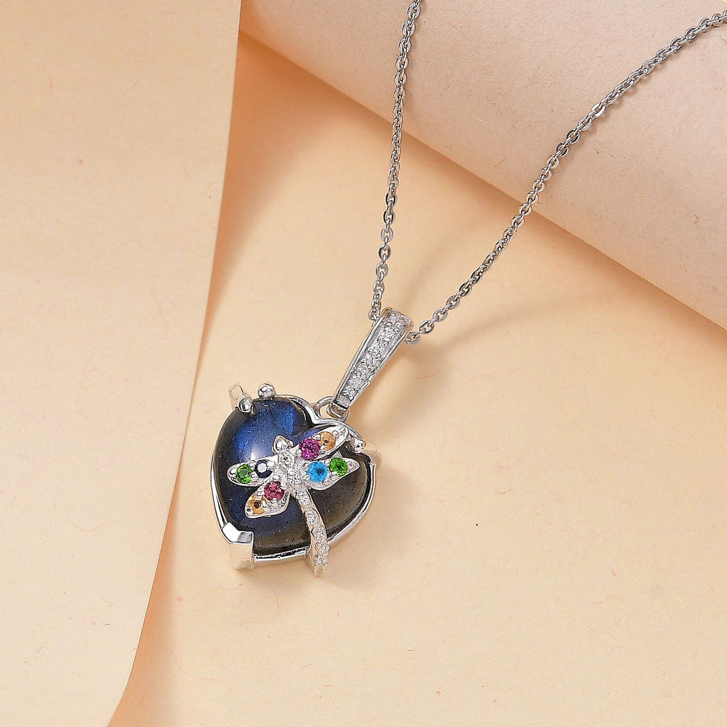 GP Italian Garden Collection - Labradorite & Multi Gemstones Pendant with Chain (Size 20) in Rhodium Overlay Sterling Silver 9.33 Ct.