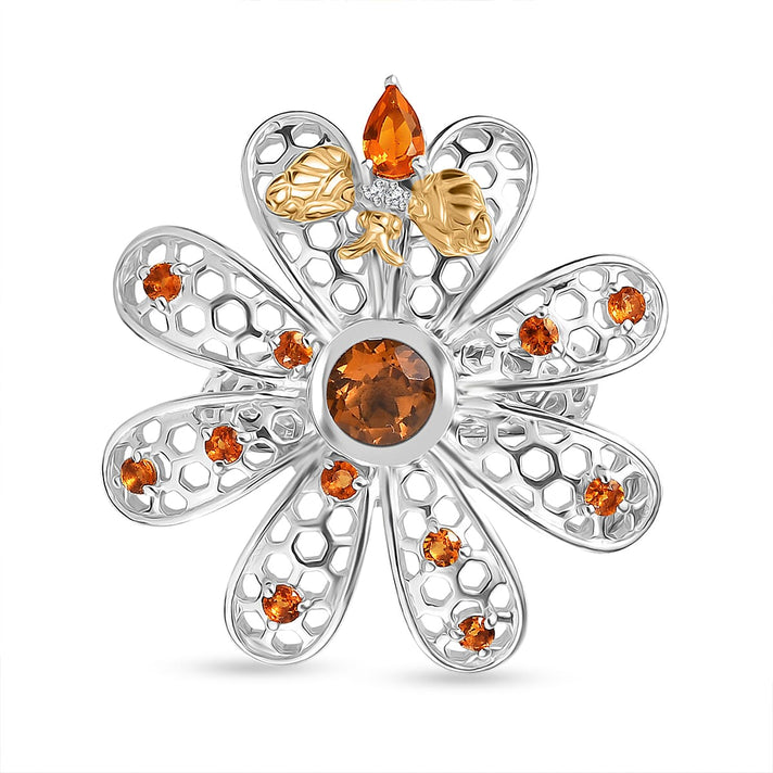GP Italian Garden Collection - Madeira Citrine, Fire Opal, Blue Sapphire &amp; White Zircon Flower Ring in 18K Vermail Yellow Gold Plated &amp; Rhodium Overlay Sterling Silver 1.68 Ct, Silver Wt. 7.41 Gms. 8278256 1