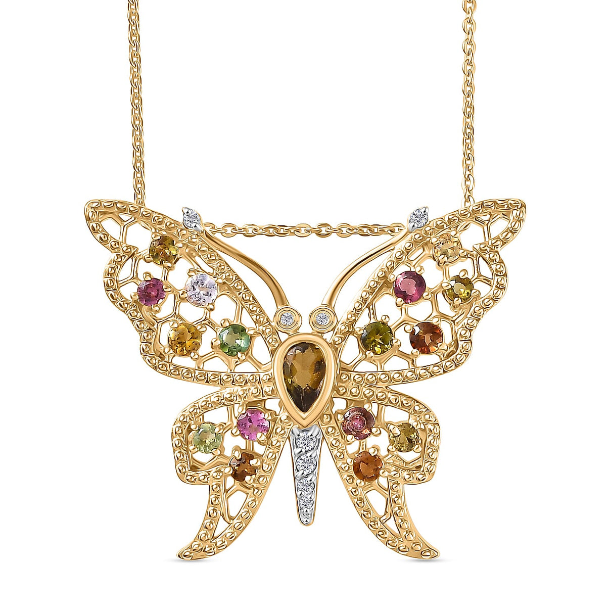 GP Italian Garden Collection - Multi-Tourmaline, Blue Sapphire &amp; White Zircon Butterfly Pendant with Chain (Size 20) in 18K Vermeil Yellow Gold Plated Sterling Silver 1.26 Ct 4435076 0