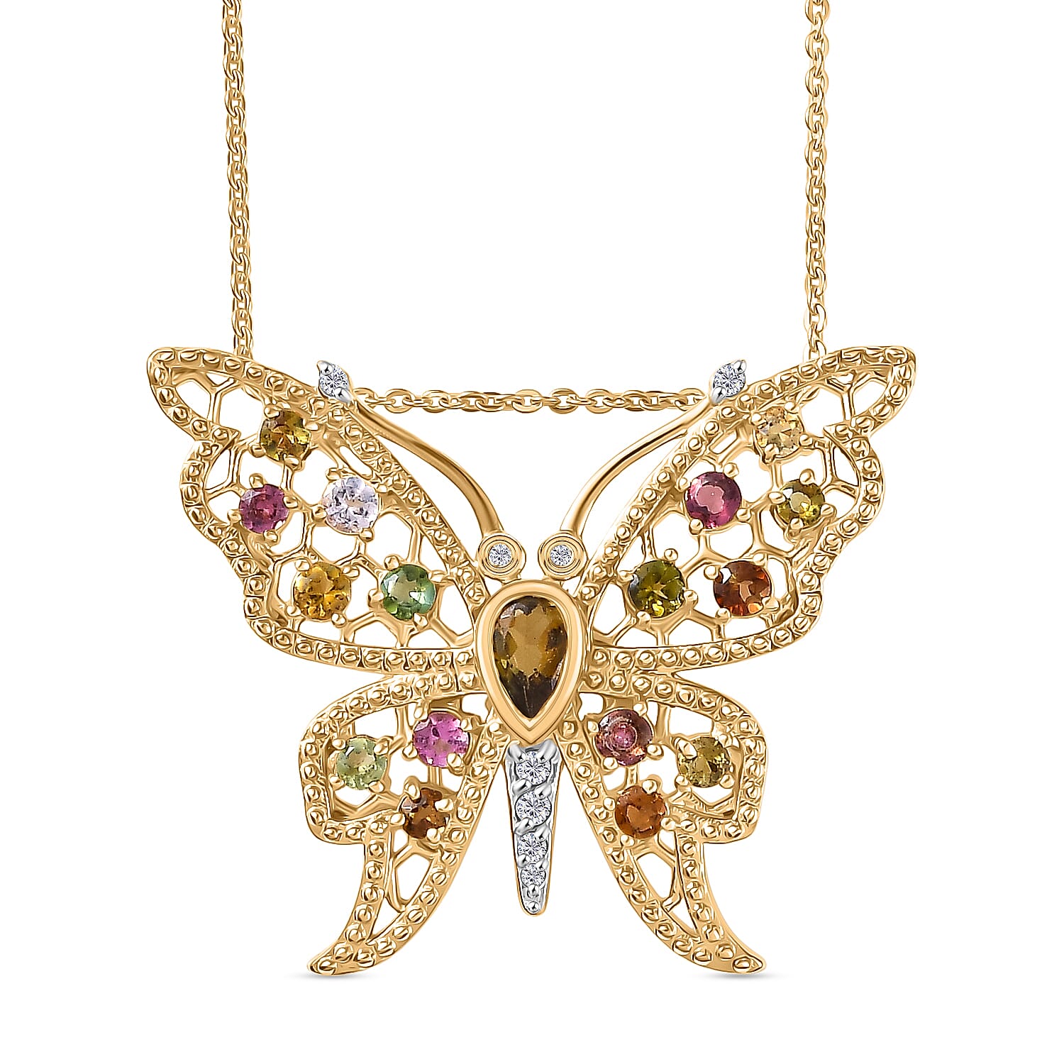 GP Italian Garden Collection - Multi-Tourmaline, Blue Sapphire &amp; White Zircon Butterfly Pendant with Chain (Size 20) in 18K Vermeil Yellow Gold Plated Sterling Silver 1.26 Ct 4435076 0