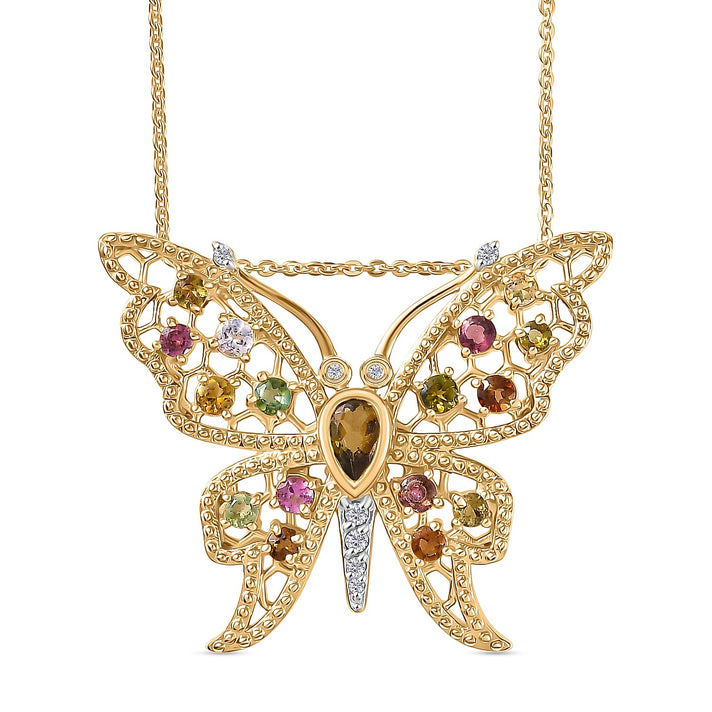 GP Italian Garden Collection - Multi-Tourmaline, Blue Sapphire &amp; White Zircon Butterfly Pendant with Chain (Size 20) in 18K Vermeil Yellow Gold Plated Sterling Silver 1.26 Ct 4435076 1