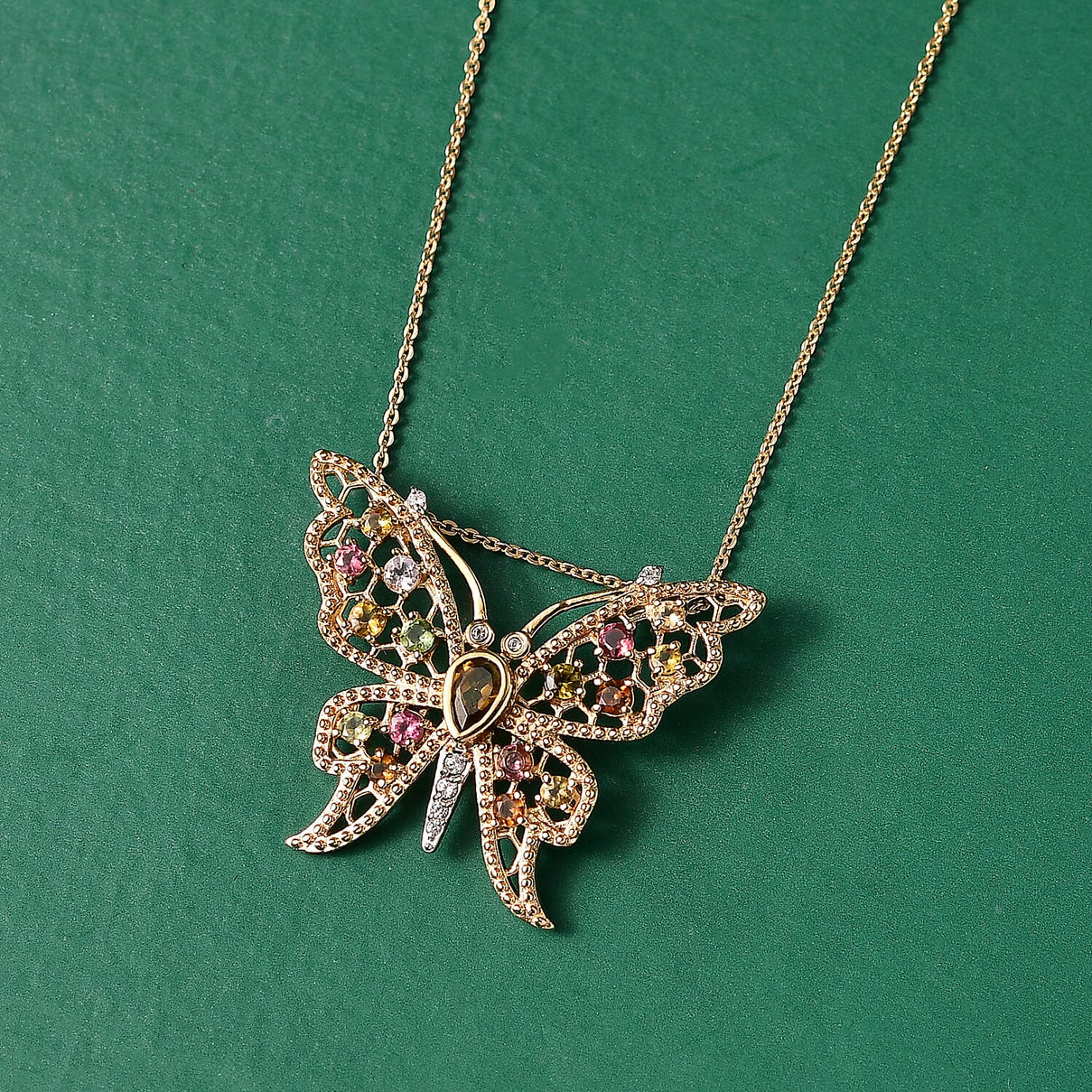 GP Italian Garden Collection - Multi-Tourmaline, Blue Sapphire &amp; White Zircon Butterfly Pendant with Chain (Size 20) in 18K Vermeil Yellow Gold Plated Sterling Silver 1.26 Ct 4435076 2