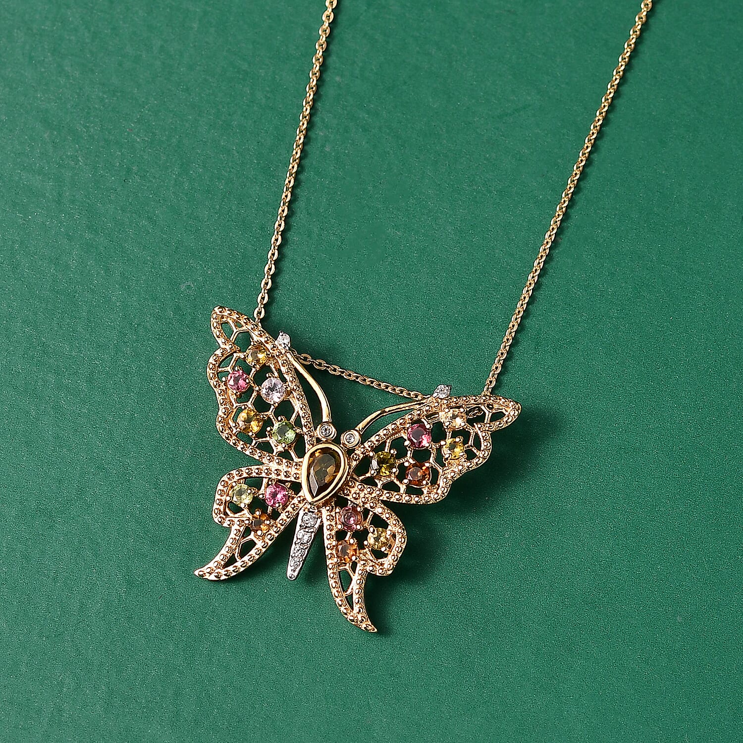 GP Italian Garden Collection - Multi-Tourmaline, Blue Sapphire &amp; White Zircon Butterfly Pendant with Chain (Size 20) in 18K Vermeil Yellow Gold Plated Sterling Silver 1.26 Ct 4435076 2
